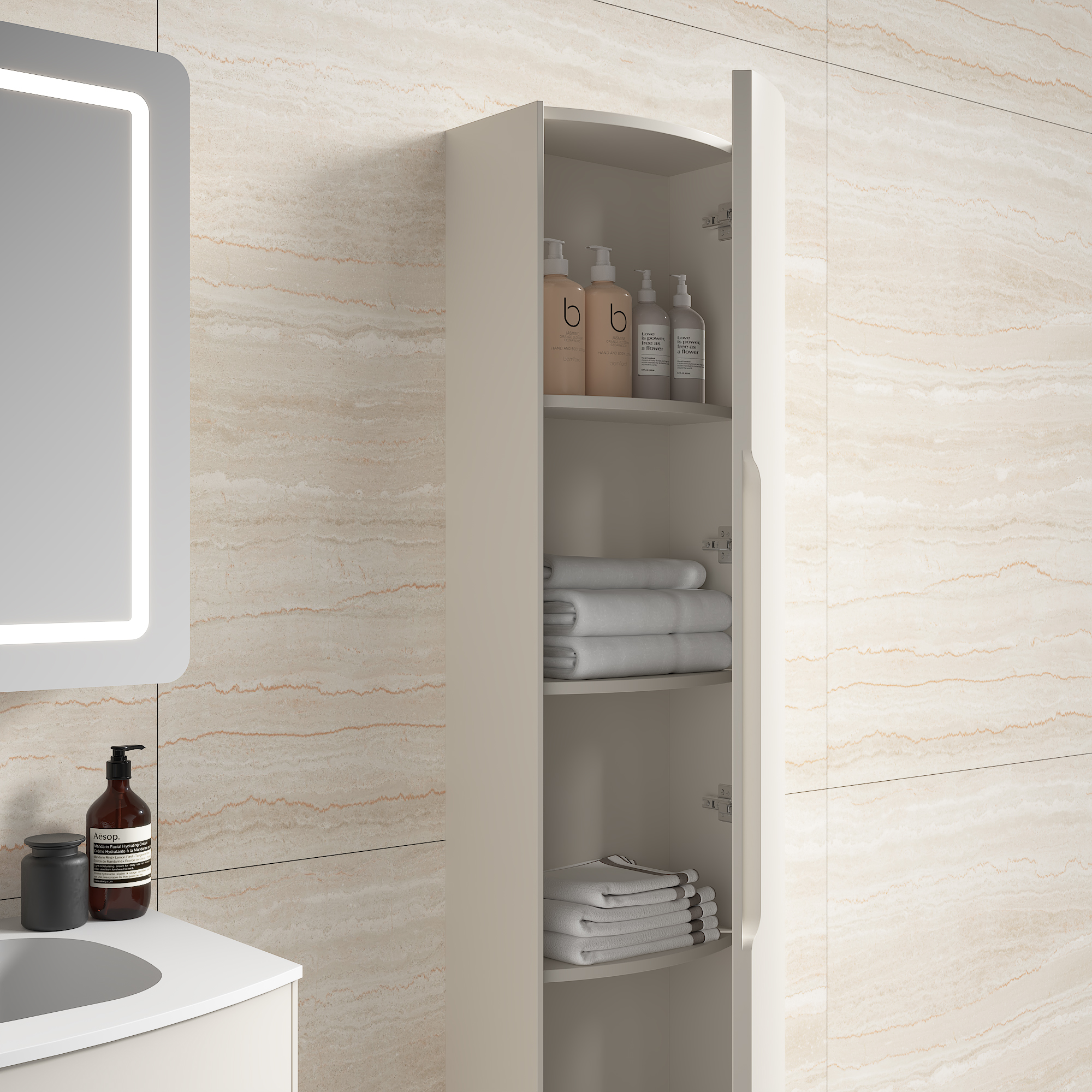Badezimmer Hochschrank Riva 150 cm Softclose montiert kaschmir matt
