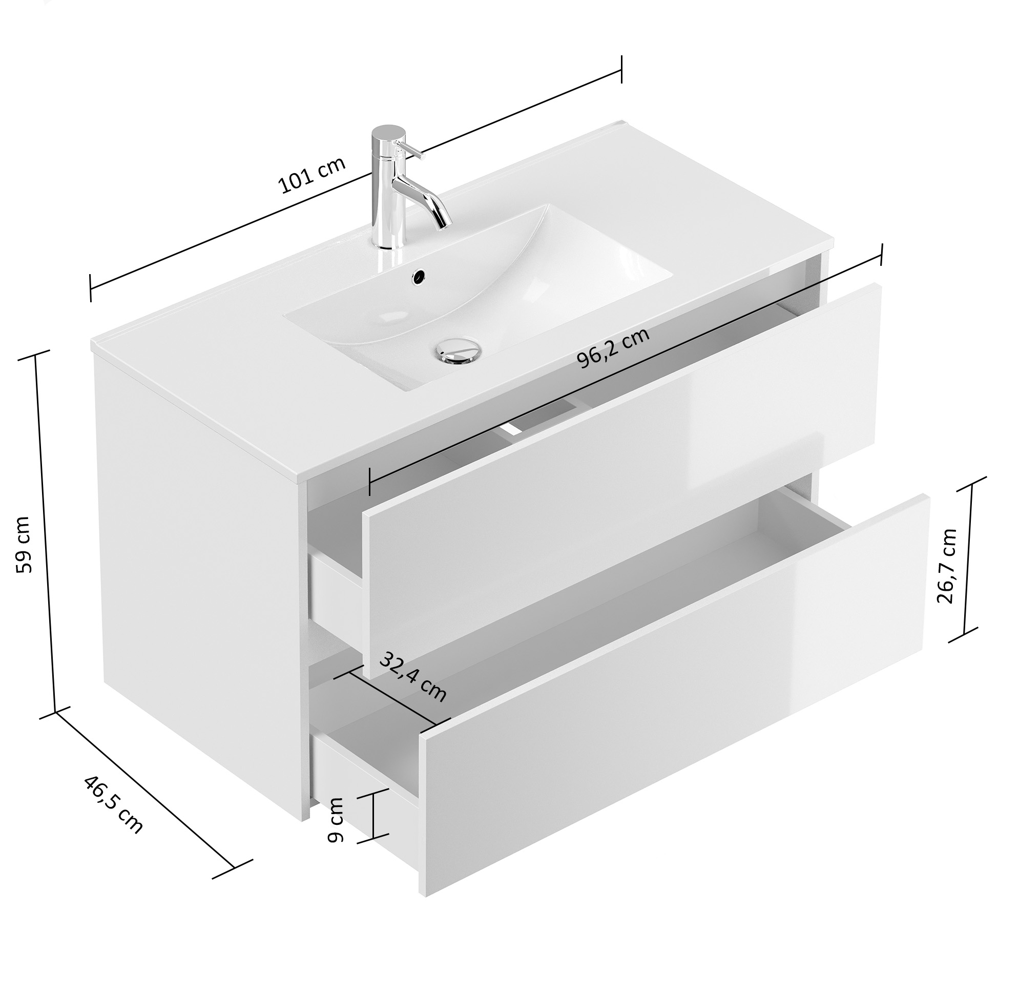 Badmöbel Set Taifun 3tlg. 100 cm mit Spiegelschrank & 3er Boxen weiß Hgl