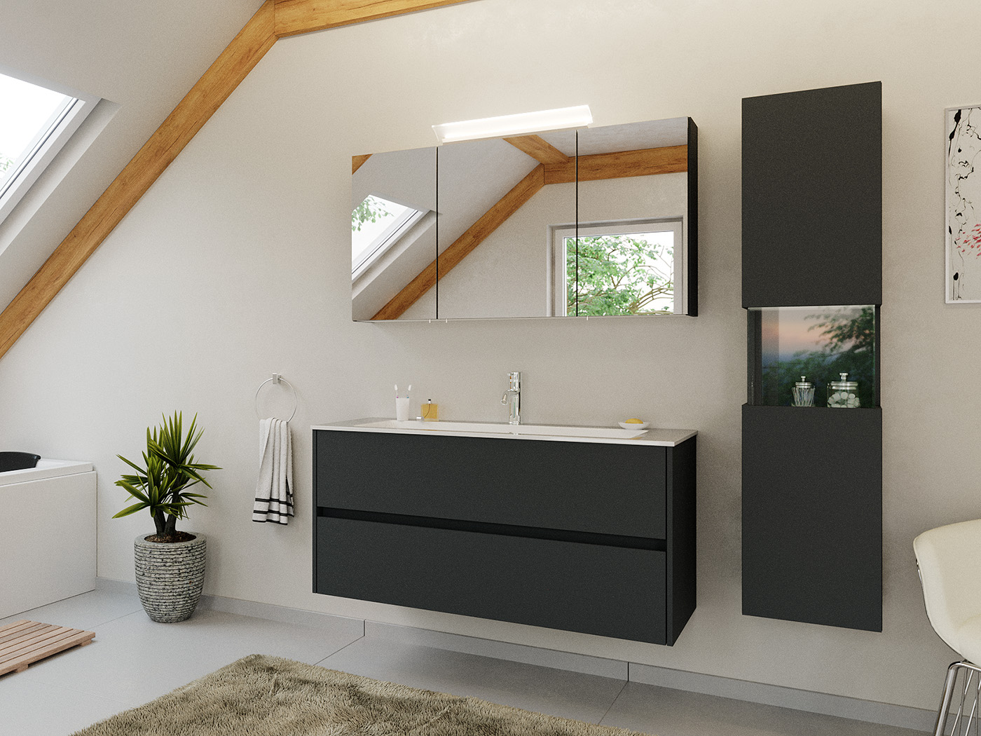 Badmöbel Set Taifun 3tlg. 120 cm mit Spiegelschrank & Hochschrank Grafit
