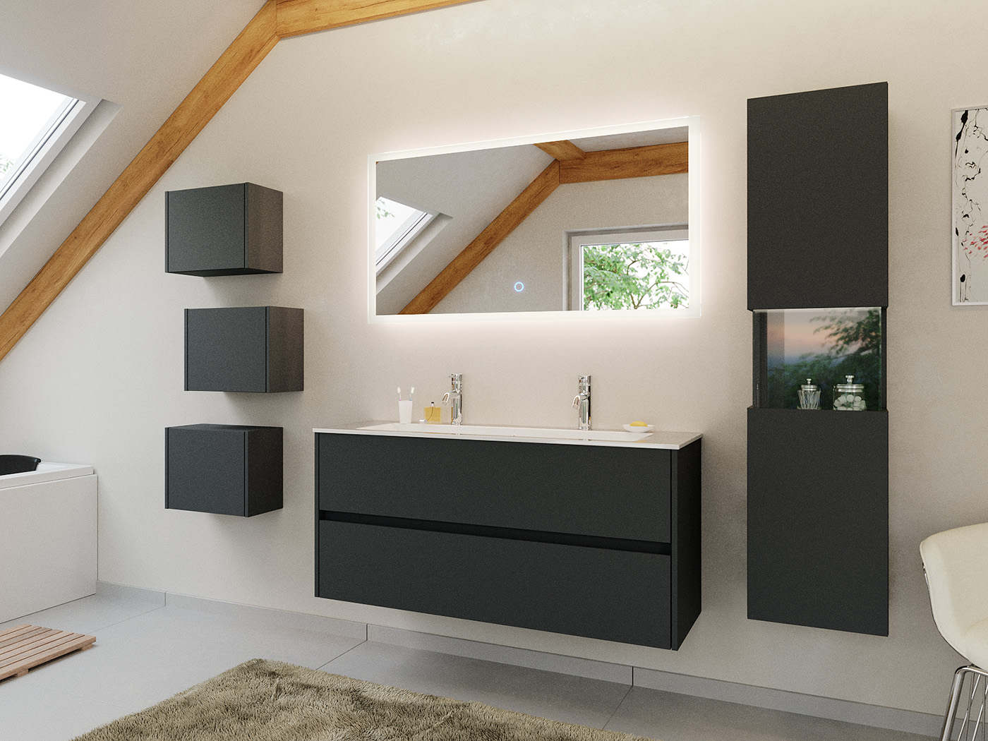 Doppel-Badmöbel Set Taifun 4tlg.120cm LED Spiegel 3er Boxen & Hochschrank Grafit