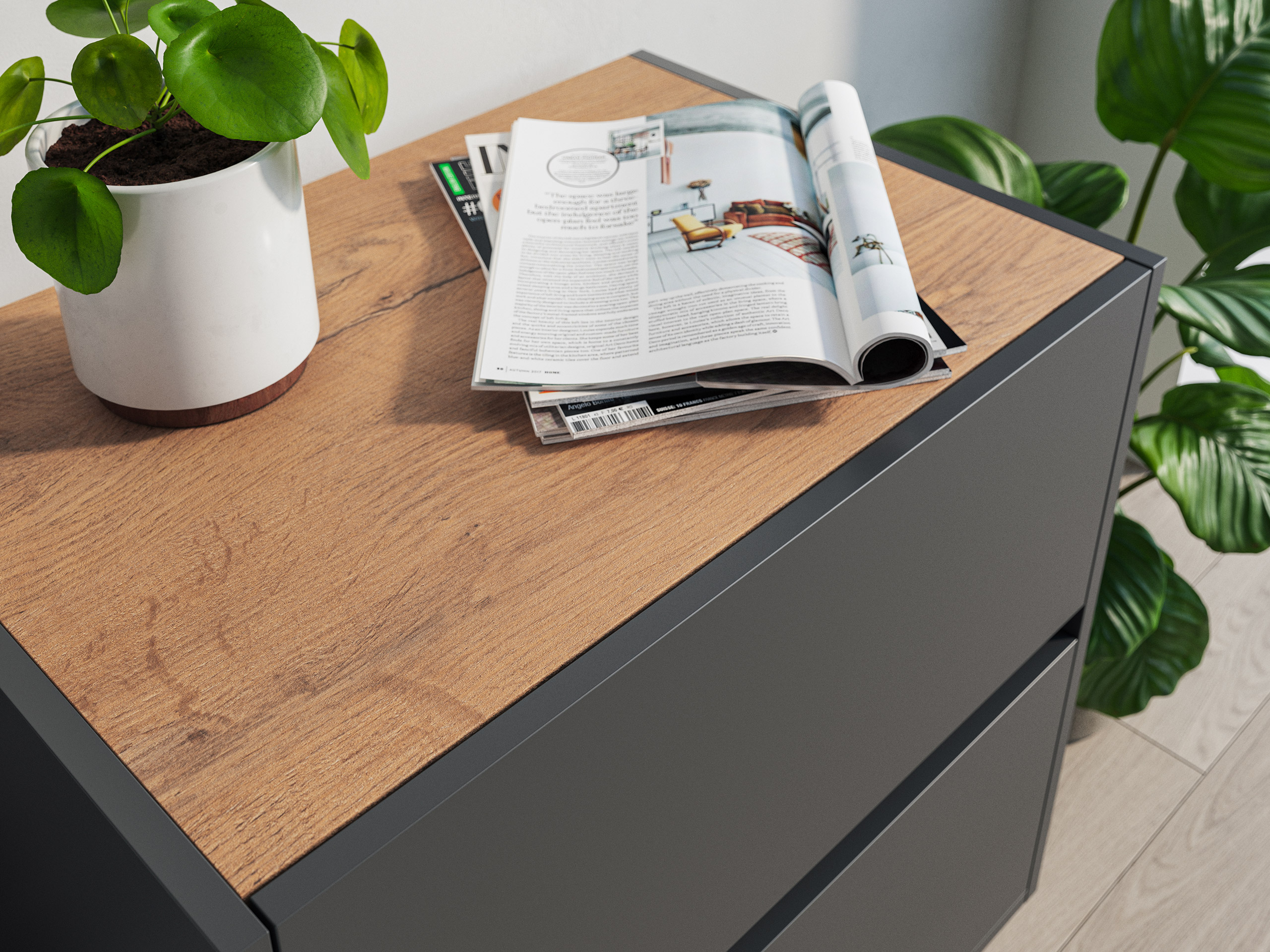 Nachttisch Kommode You 60cm 2 SoftClose stehend Grafit & Eiche Top