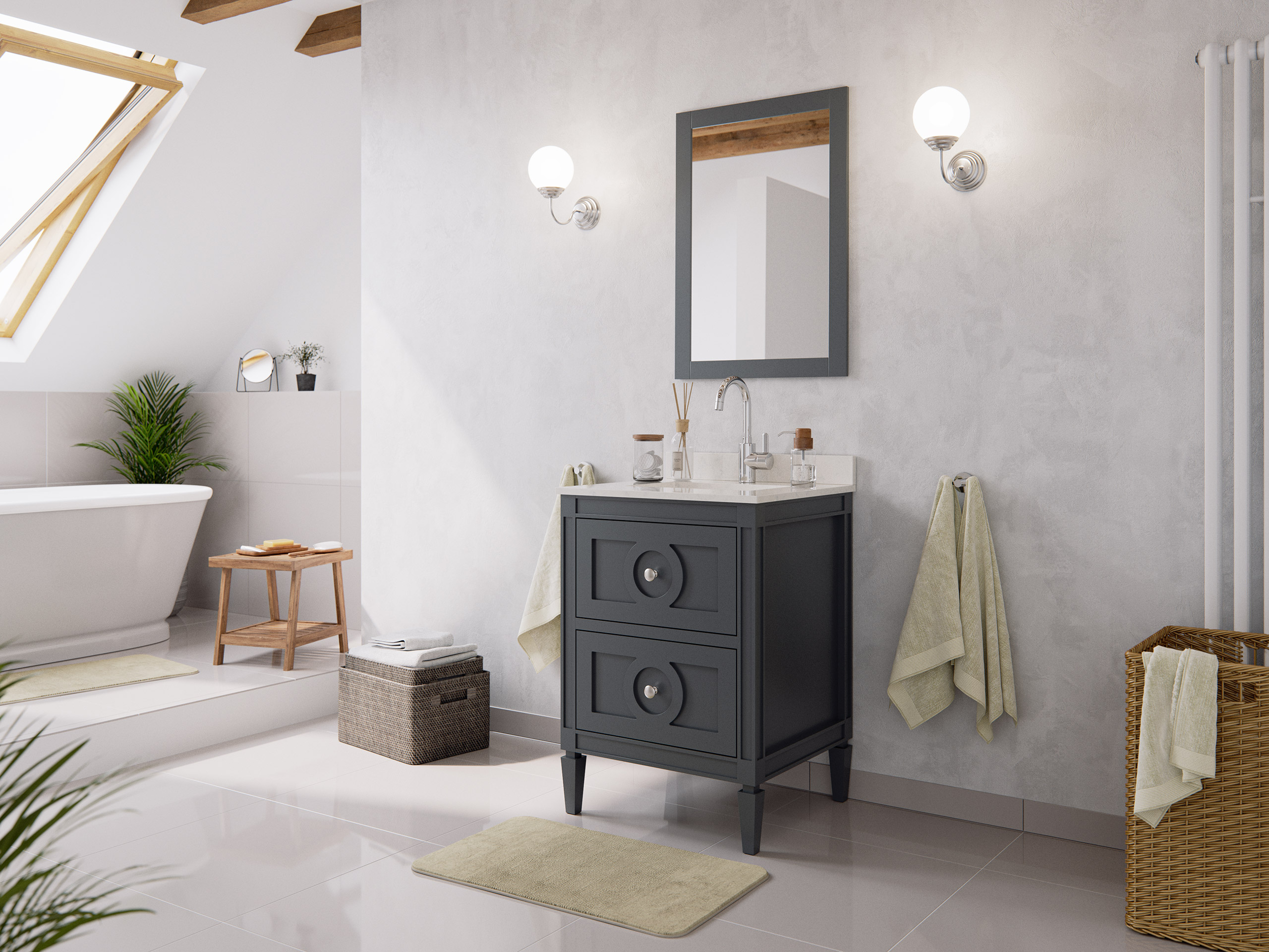 Landhaus Badmöbel-Set 2tlg Lavanda 60 Quarz Carrara montiert grau lackiert