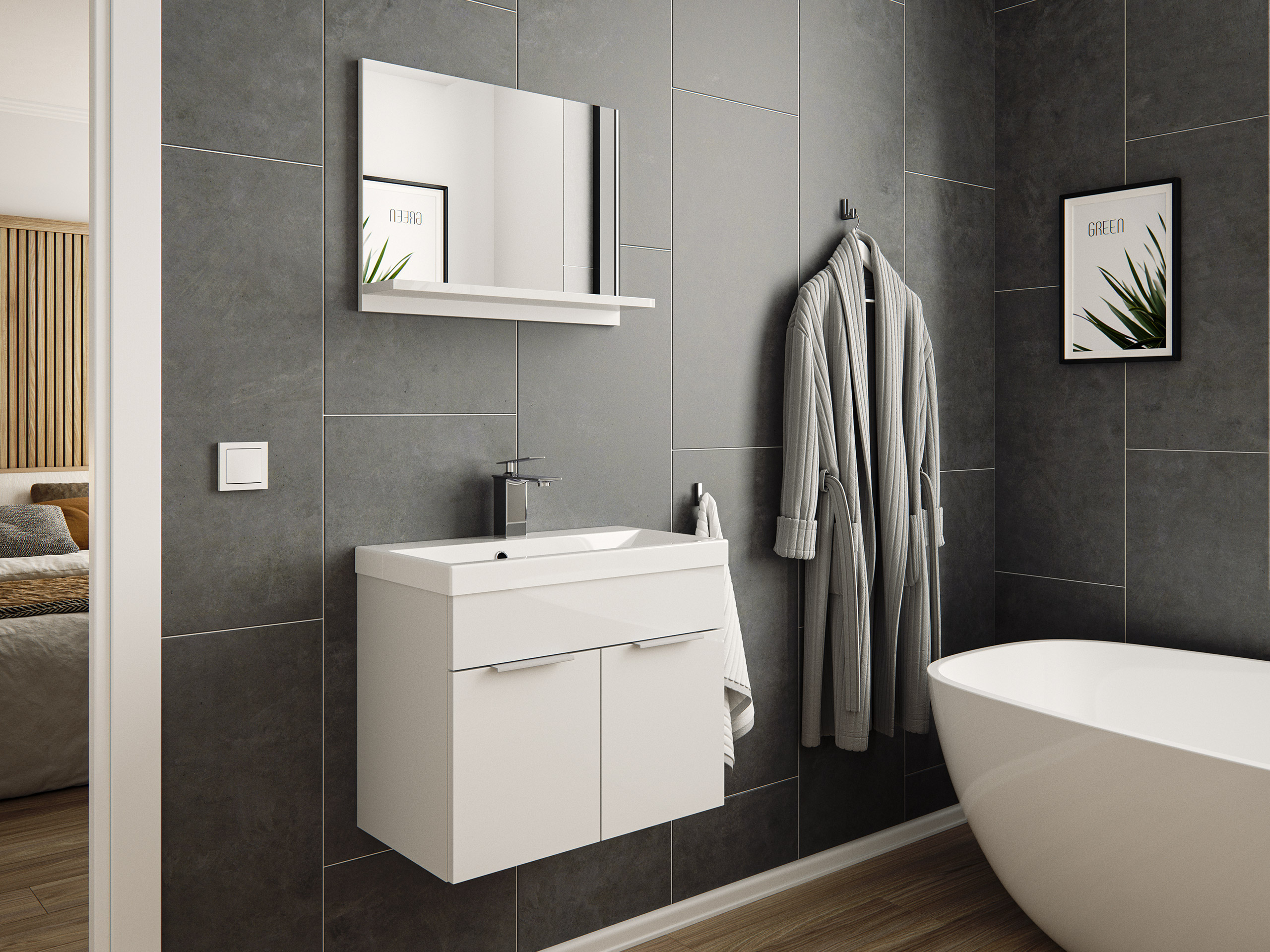 Badmöbel-Set Slimline Vega 2tlg mit Spiegel SoftClose weiss hochglanz/weiss matt