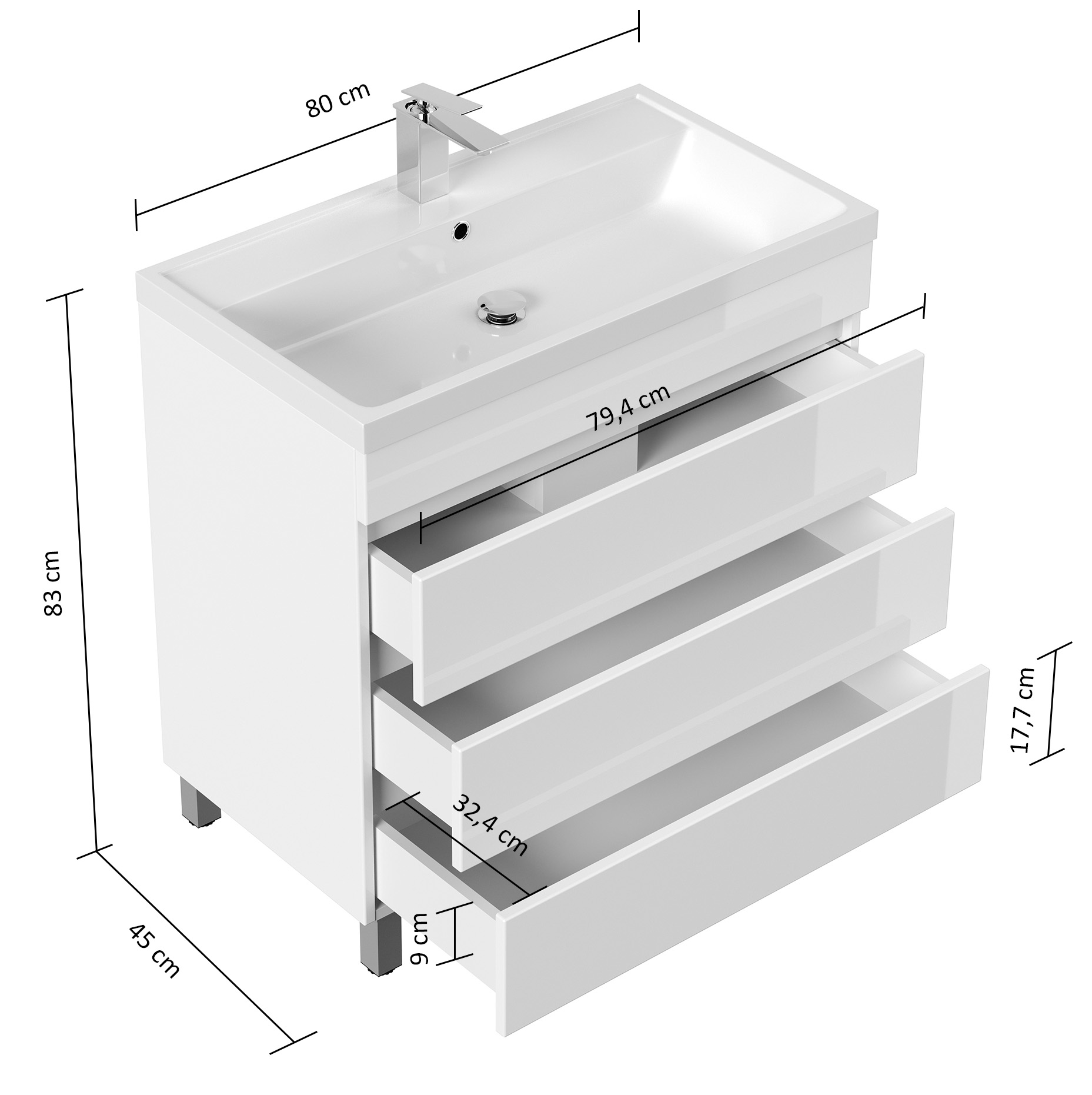 Stand Badmöbel Via 80 SoftClose weiss hochglanz mit drei grifflosen Schubladen