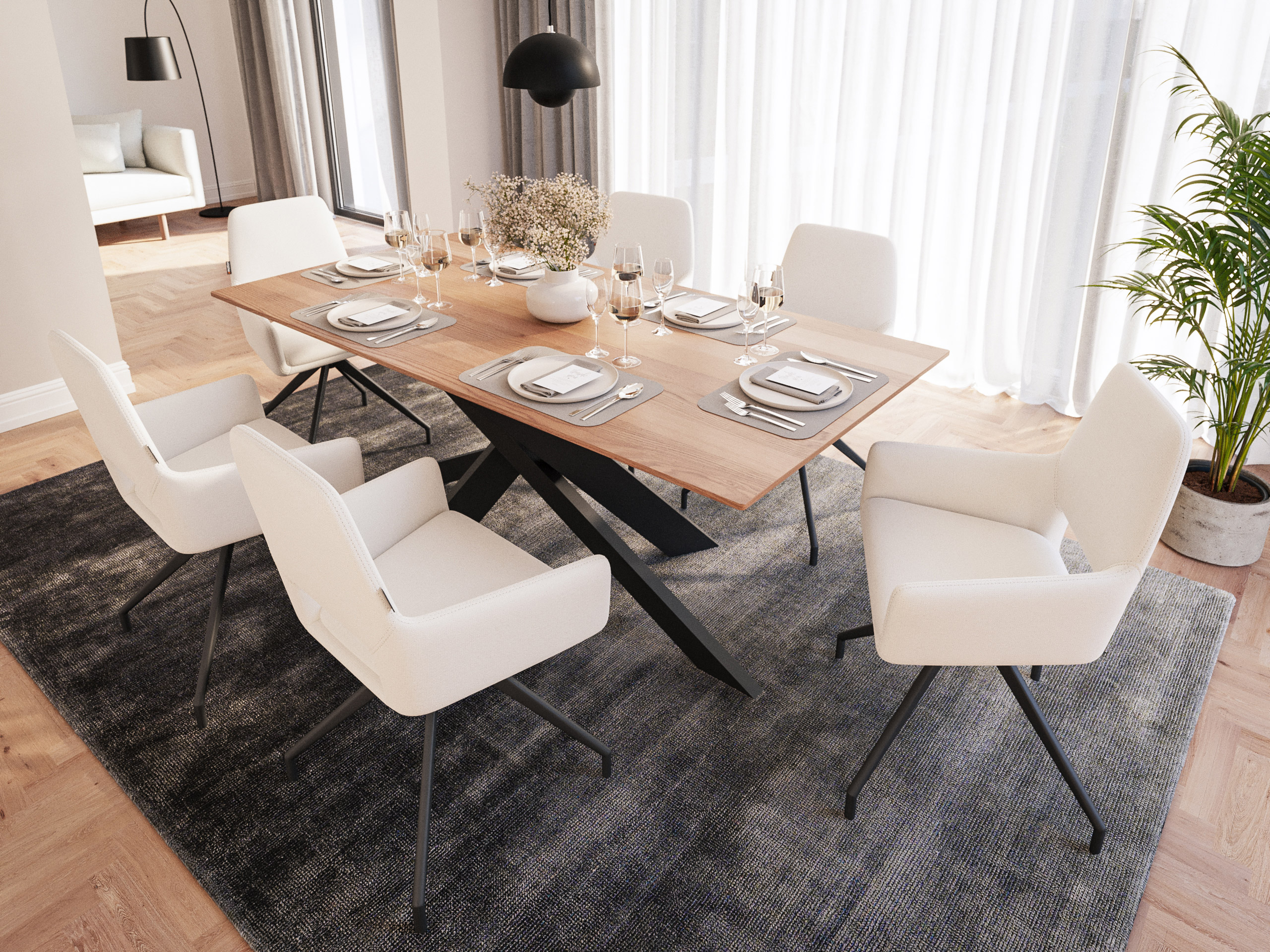 Esstisch mit 6 Stühlen Stoffbezug beige ELLEN 180 Eiche Furnier lackiert