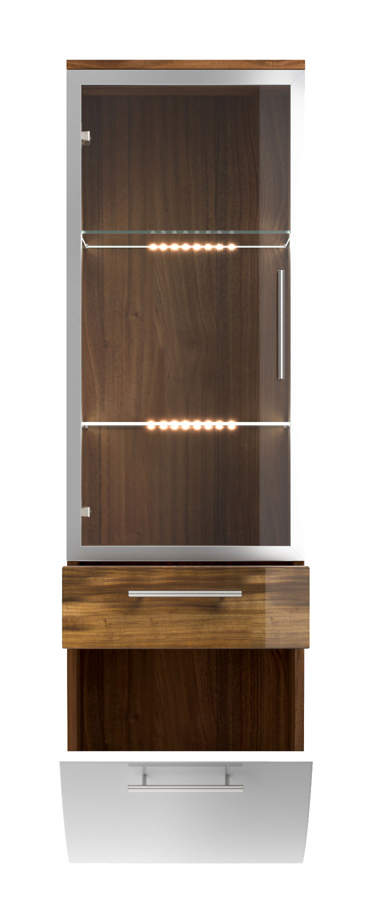 Hochschrank Salona 135 cm mit Glastür Weiss hochglanz/Walnuss hochglanz