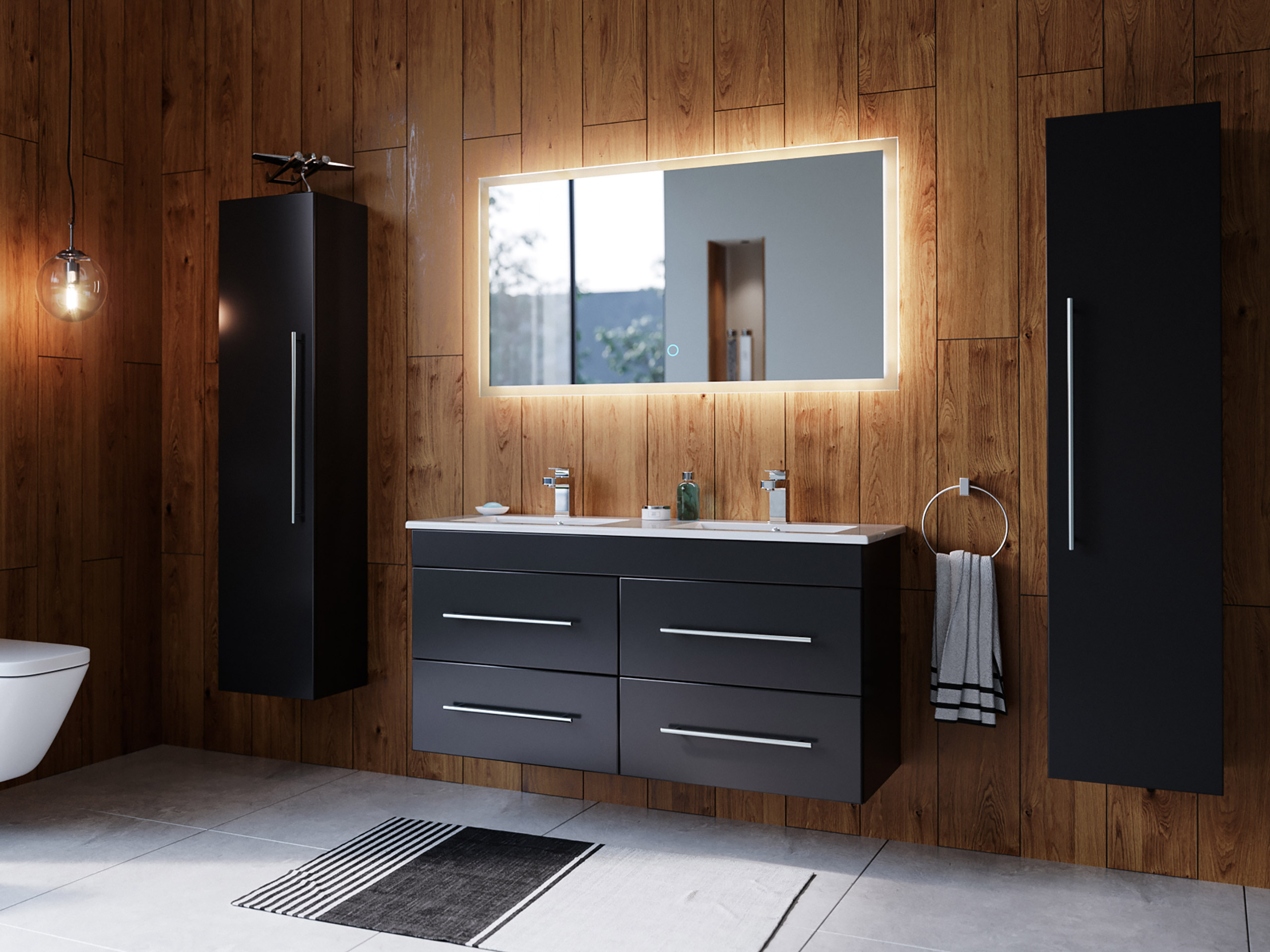 Badmöbelset Helios SoftClose schwarz inkl. LED Spiegel mit Touch-Funktion