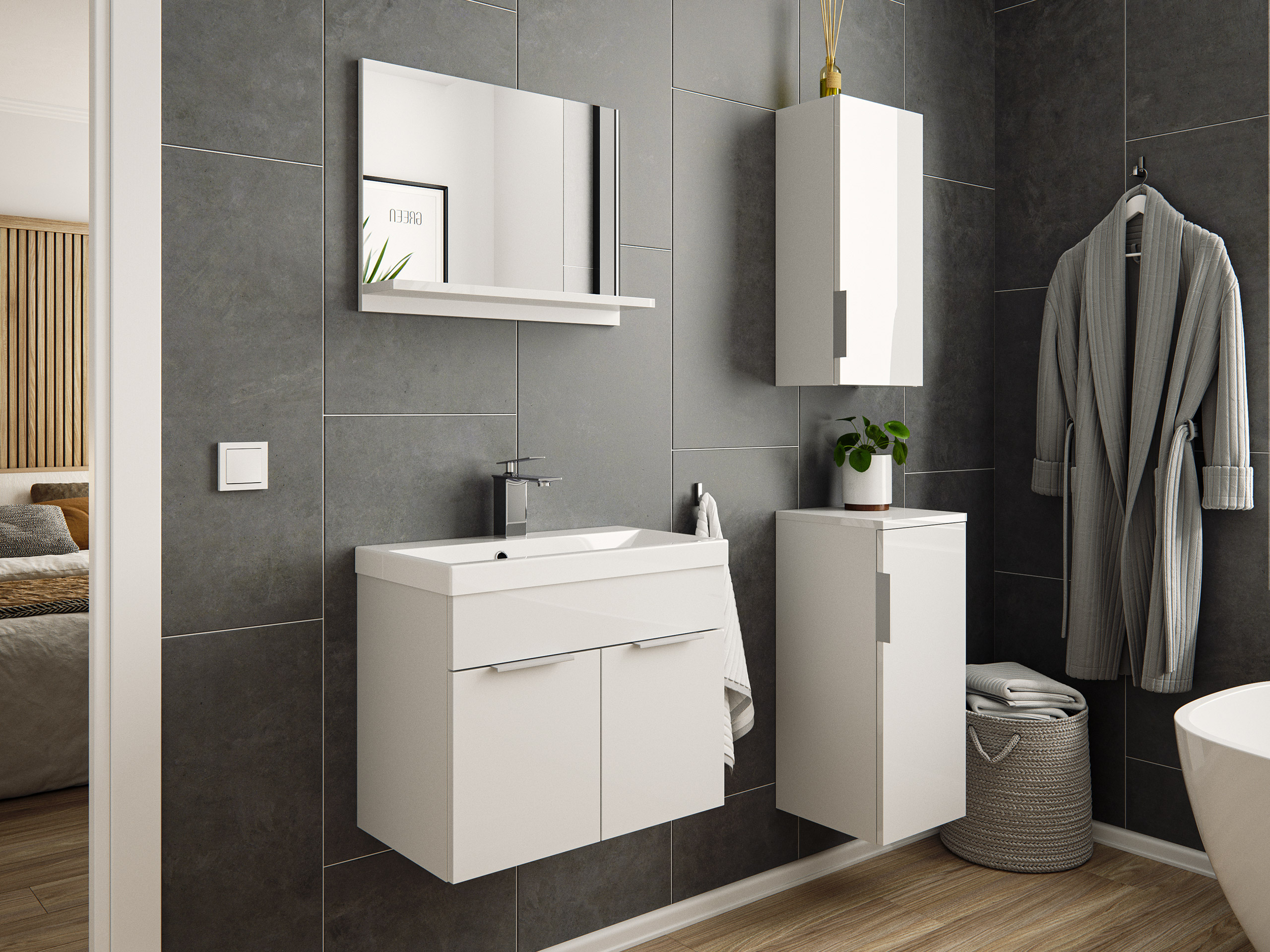 Badmöbel-Set Slimline Vega 4tlg Spiegel & Midischränke weiss hgl/weiss matt
