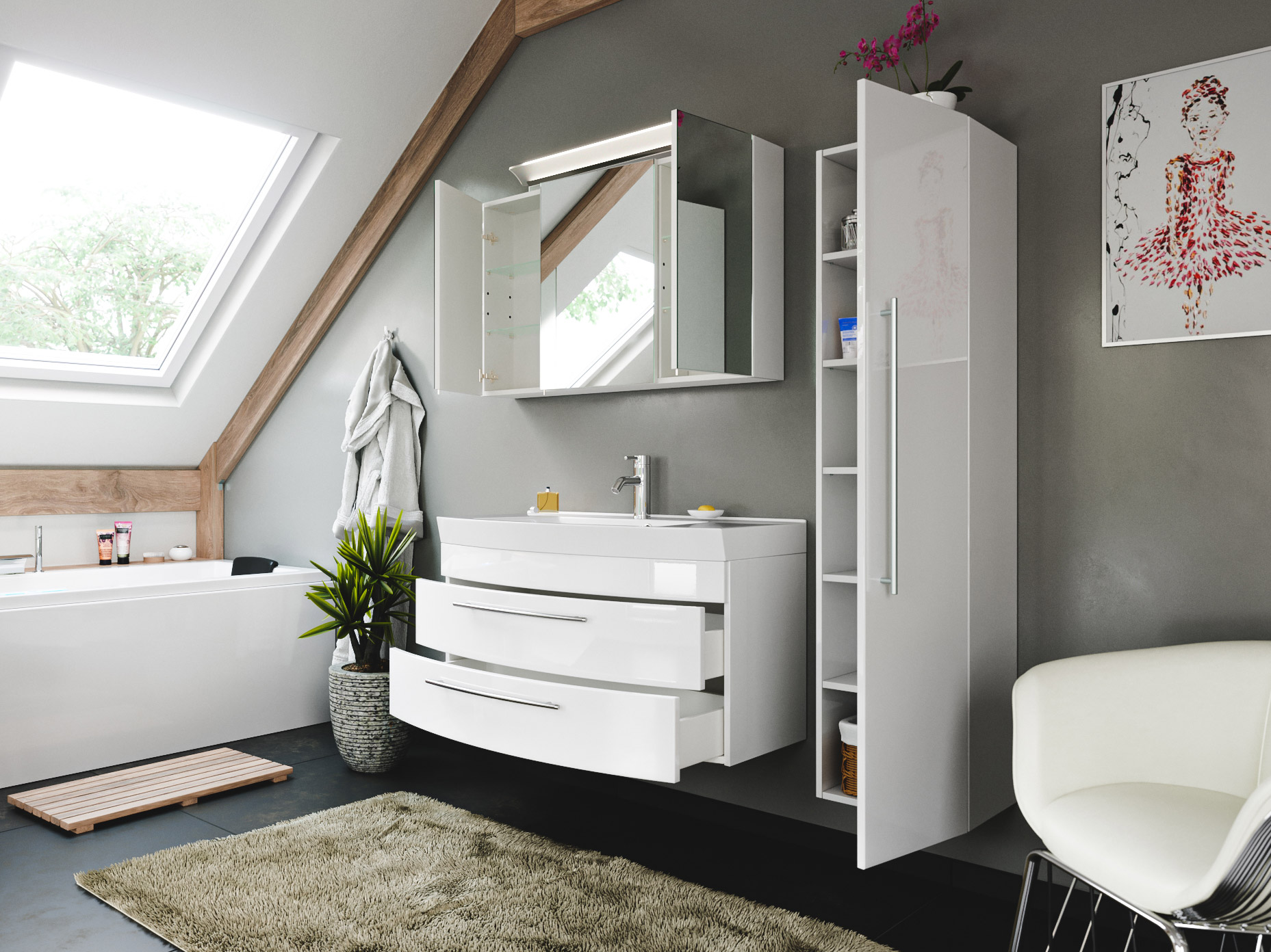 Badmöbelset Bella 100 mit runder Front Spiegelschrank LED Hochschrank weiss hg