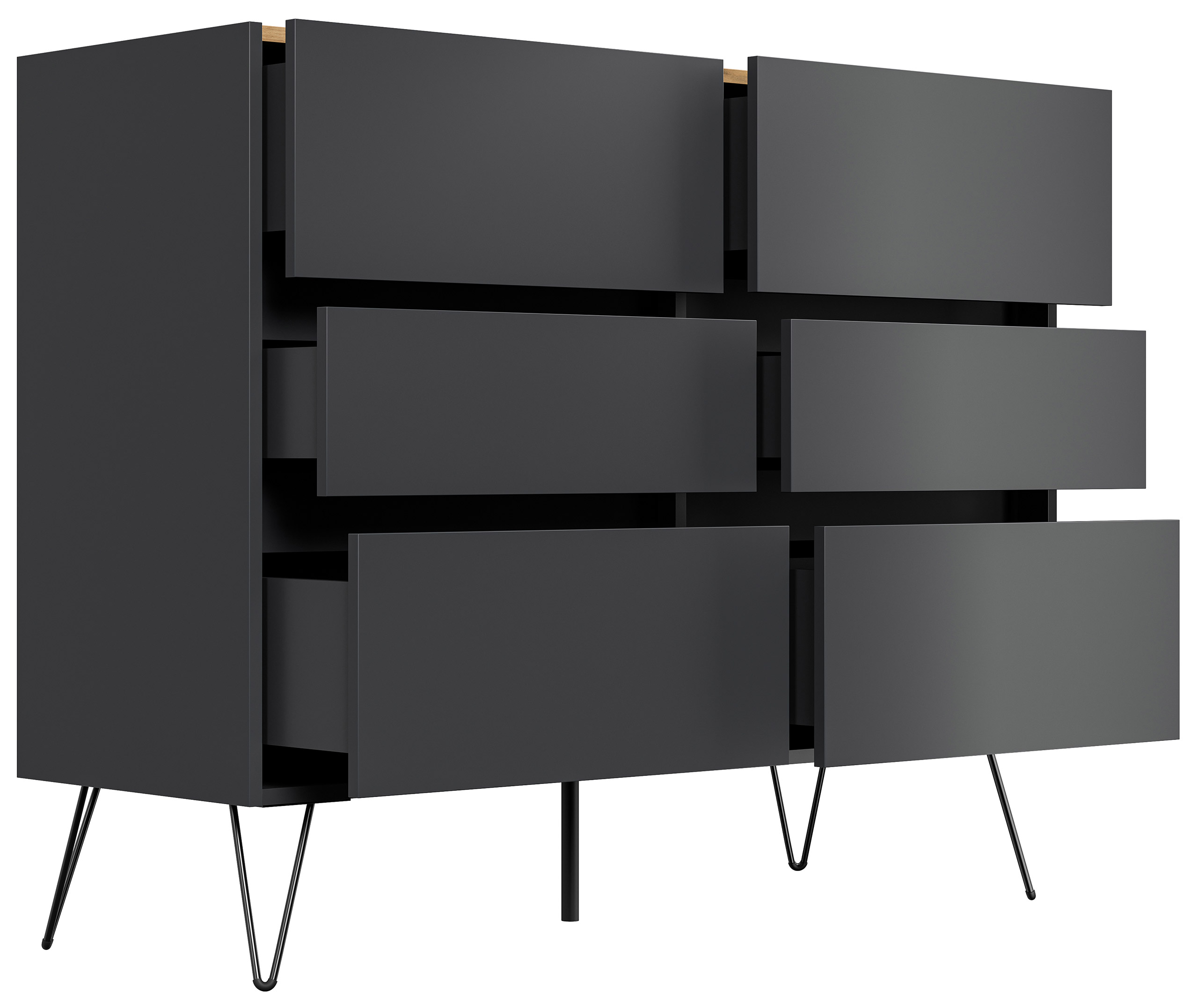 Sideboard Kommode Volo 120cm Greifraum 6 SoftClose Schubladen Grafit/Eiche Top