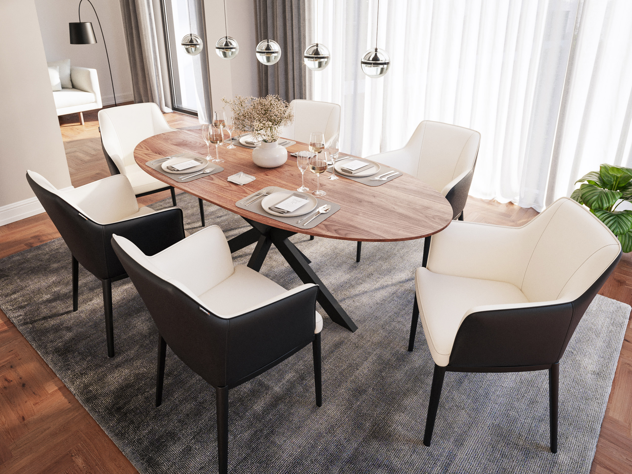 Esstisch mit 6 Stühlen Kunstleder beige DARON 200 Oval Walnuss Furnier lackiert