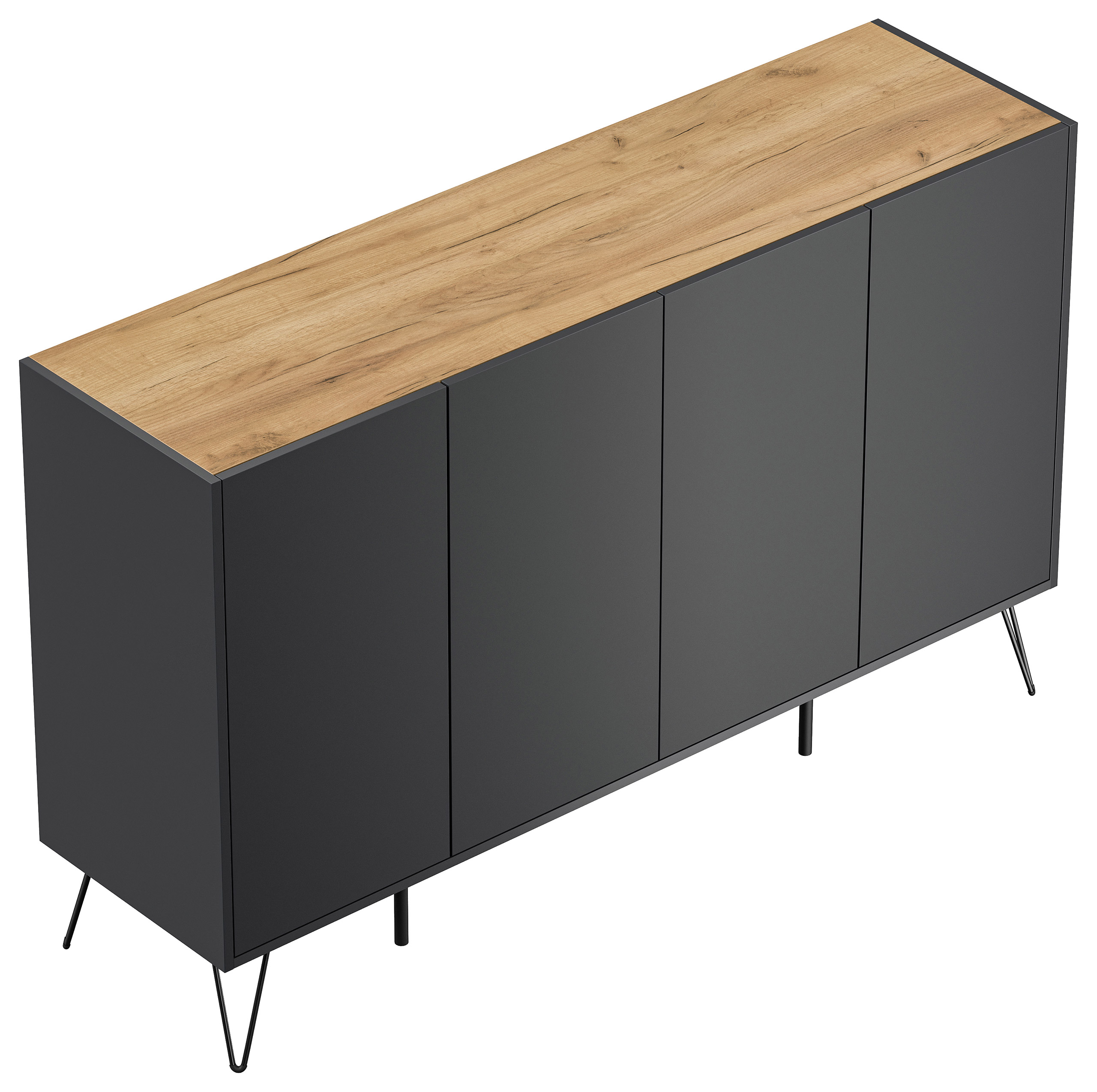 Design Sideboard Kommode Rana 155cm 4 Softclose Türen Grafit/Eiche Top