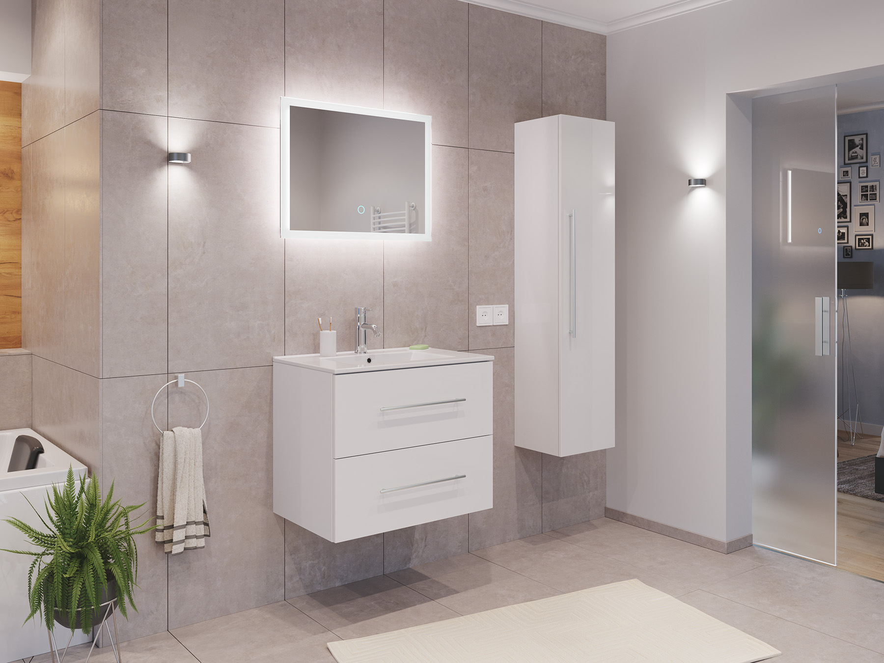 Badmöbel Set Firenze 70 3tlg. LED Spiegel und Hochschrank weiß hochglanz