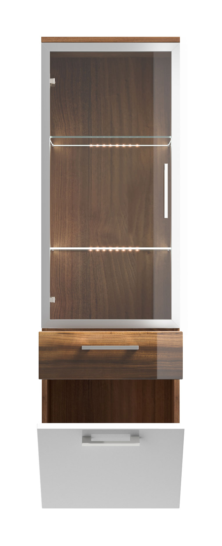 Hochschrank Rima 135 cm mit Glastür Weiss hochglanz/Walnuss hochglanz