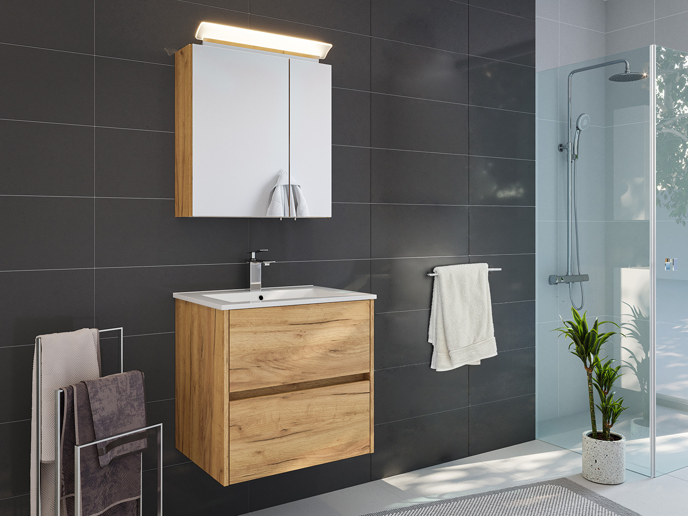 Badmöbelset Taifun 60cm 2tlg mit Spiegelschrank eiche gold