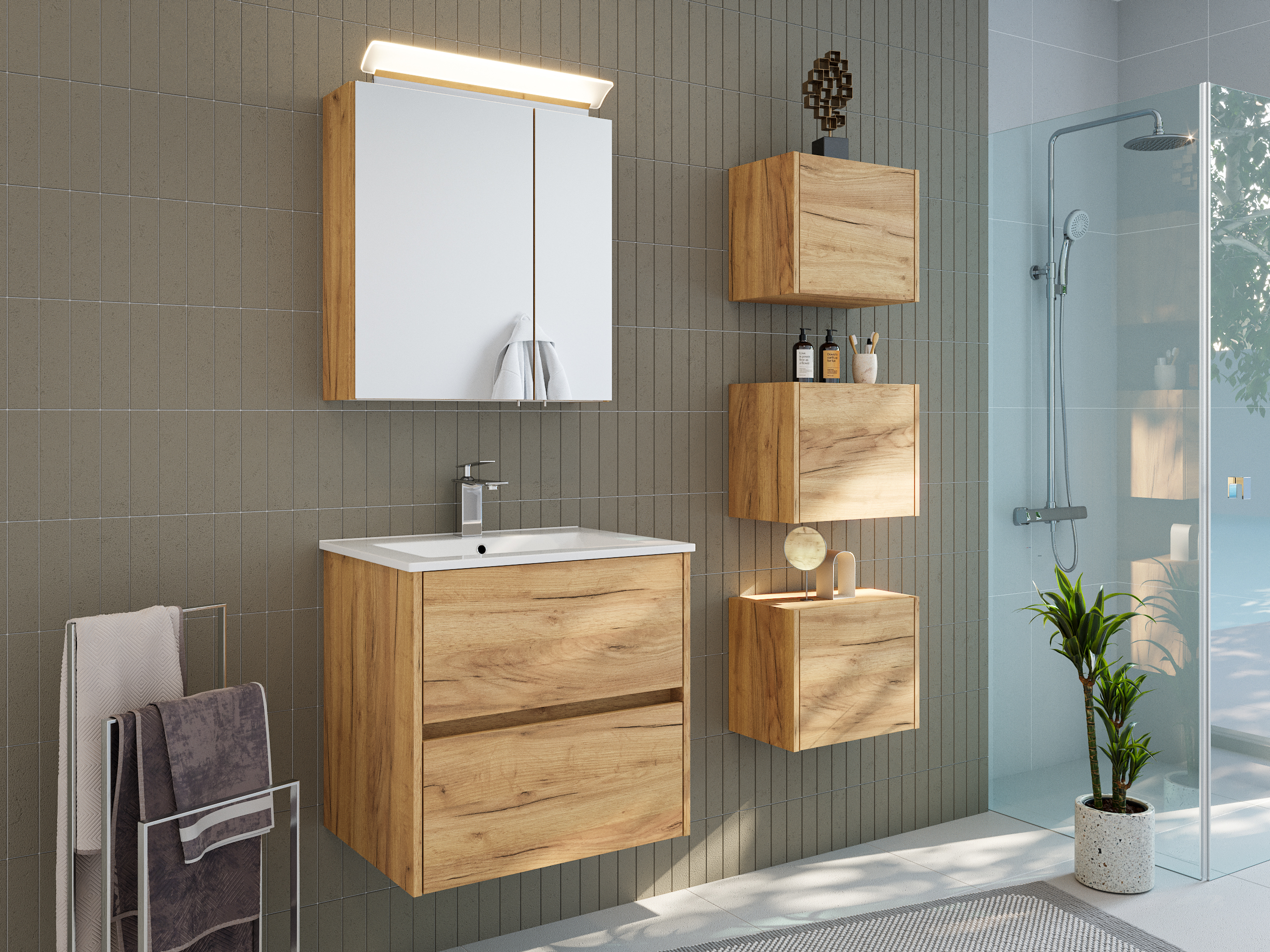 Badmöbelset Taifun 60cm 3tlg mit Spiegelschrank & 3er Boxen Set eiche gold