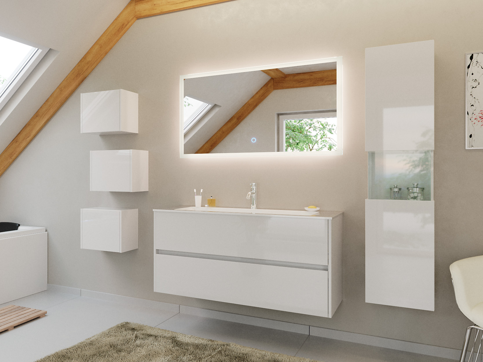 Badmöbel Set Taifun 4tlg. 120 cm mit LED Spiegel 3er Boxen & Hochschrank weiß 