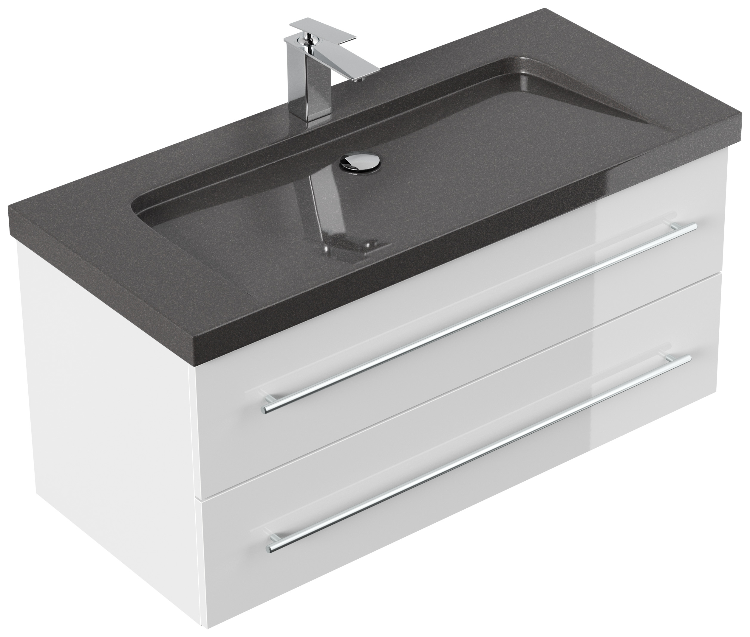 Badmöbel Granit India Black Damo 100 cm 1 Hahnloch SoftClose weiß hochglanz