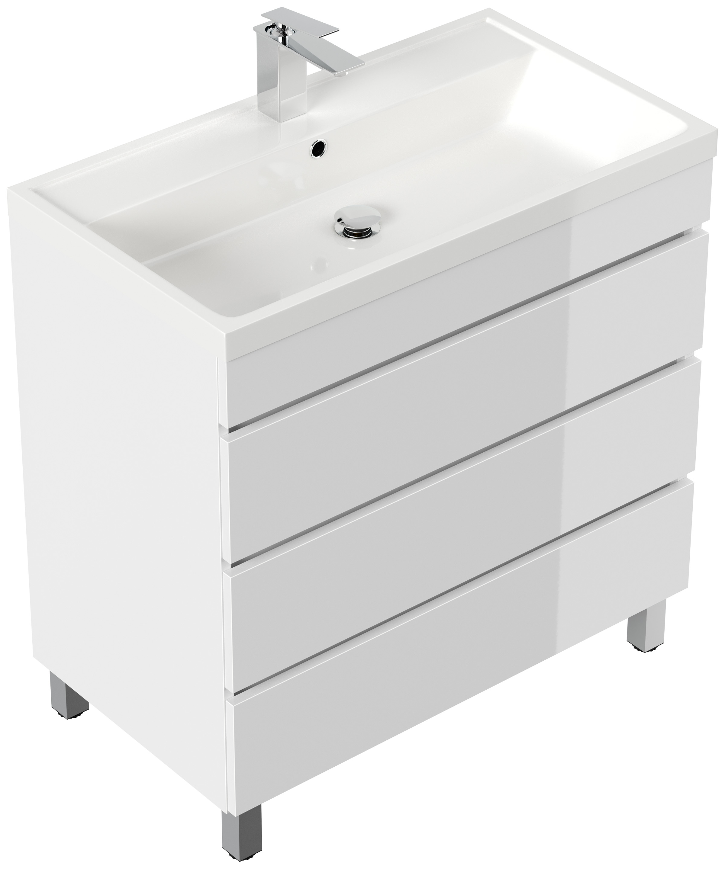 Stand Badmöbel Via 80 SoftClose weiss hochglanz mit drei grifflosen Schubladen
