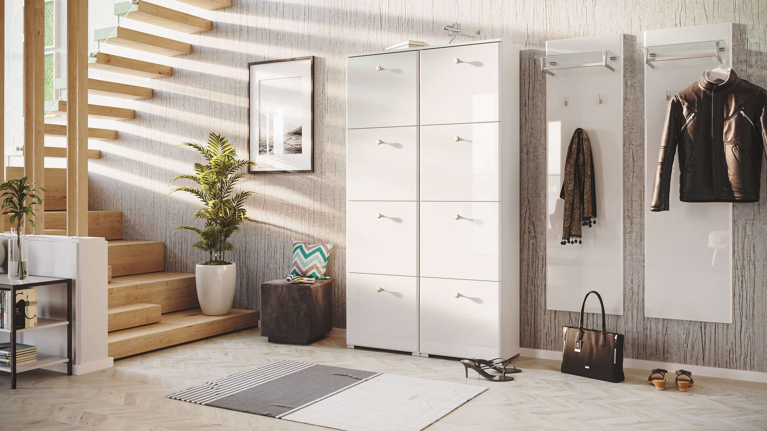 Garderobe Set 110 Ventura 3 tlg Schuhschrank 8 Klappen 32 Paar Weiss-Weiss Hgl