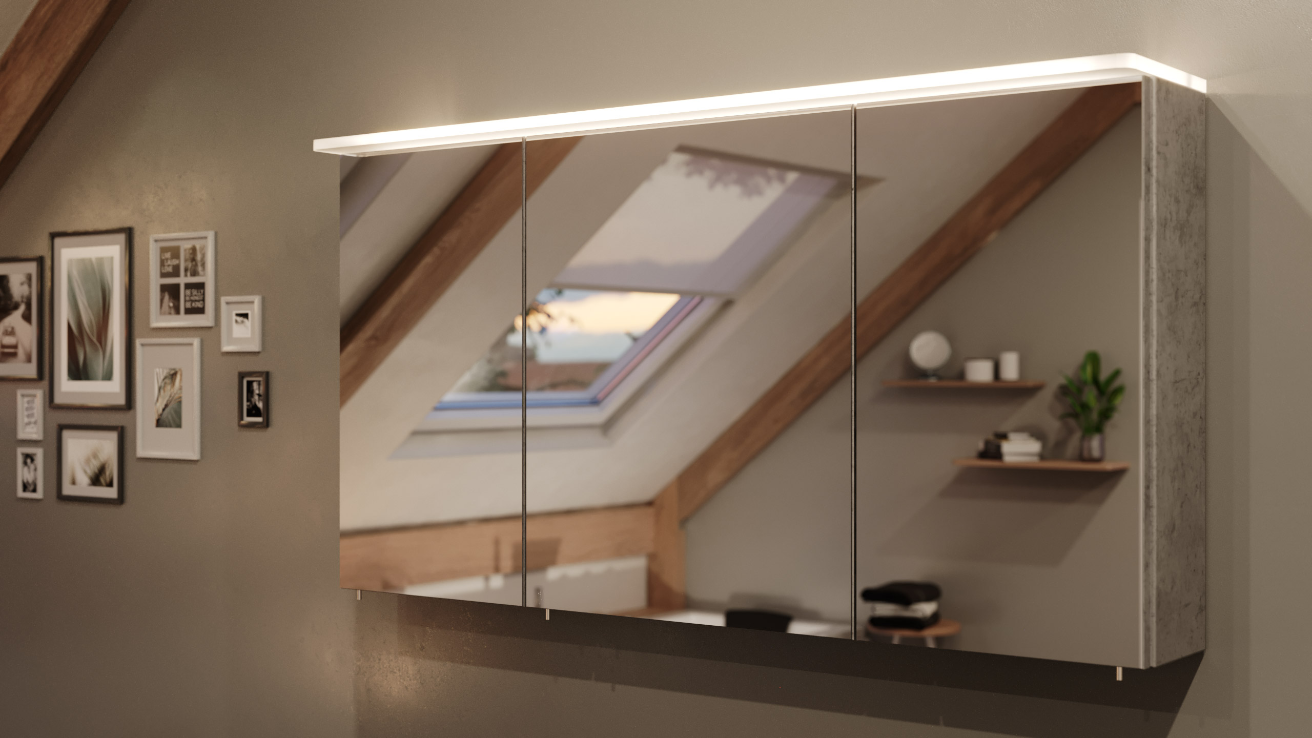 Spiegelschrank 120cm inkl. Design Acryl-Lampe und Glasböden beton