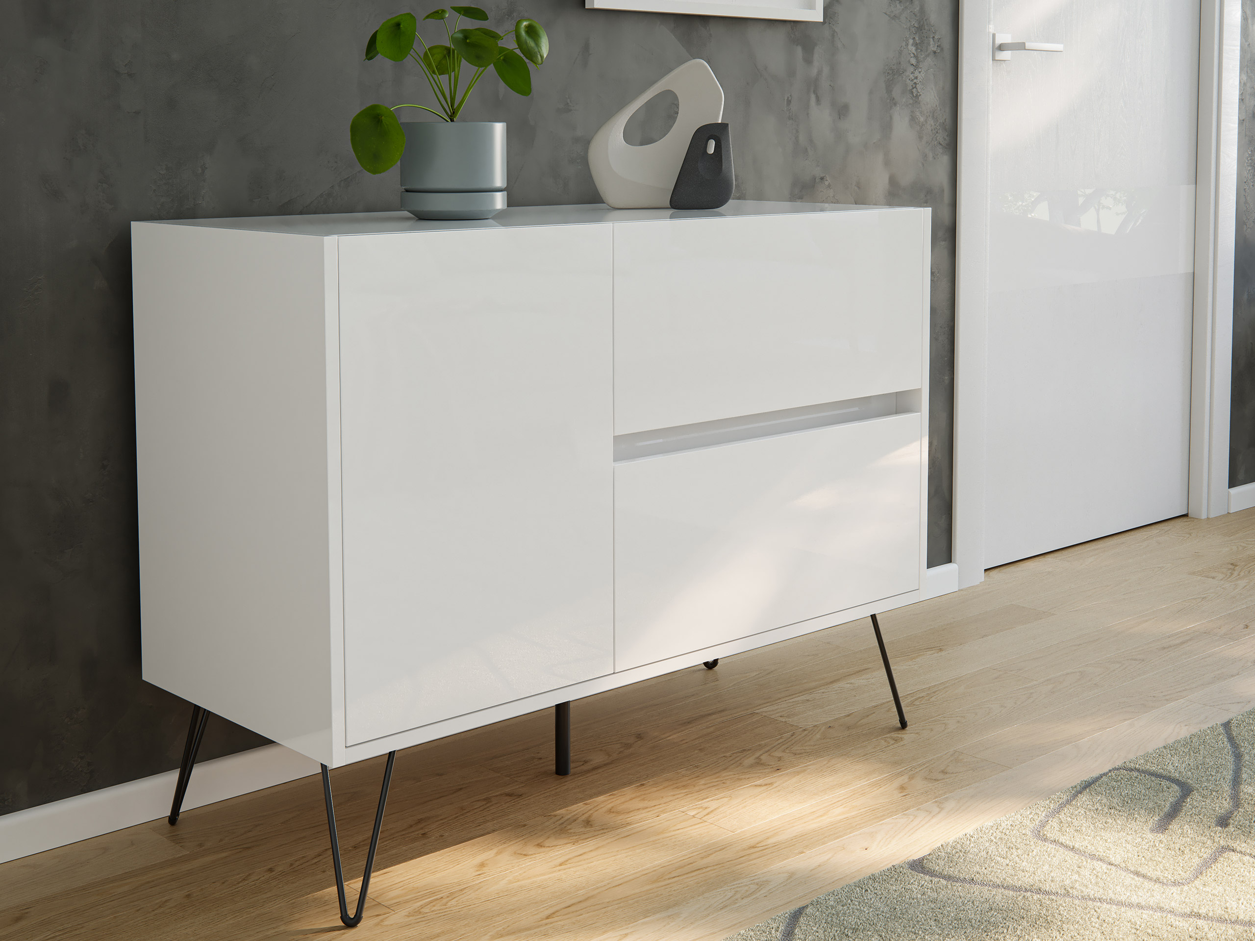 Raumwunder L Sideboard Kommode 100cm 2 SoftClose 1 Tür Weiß hochglanz