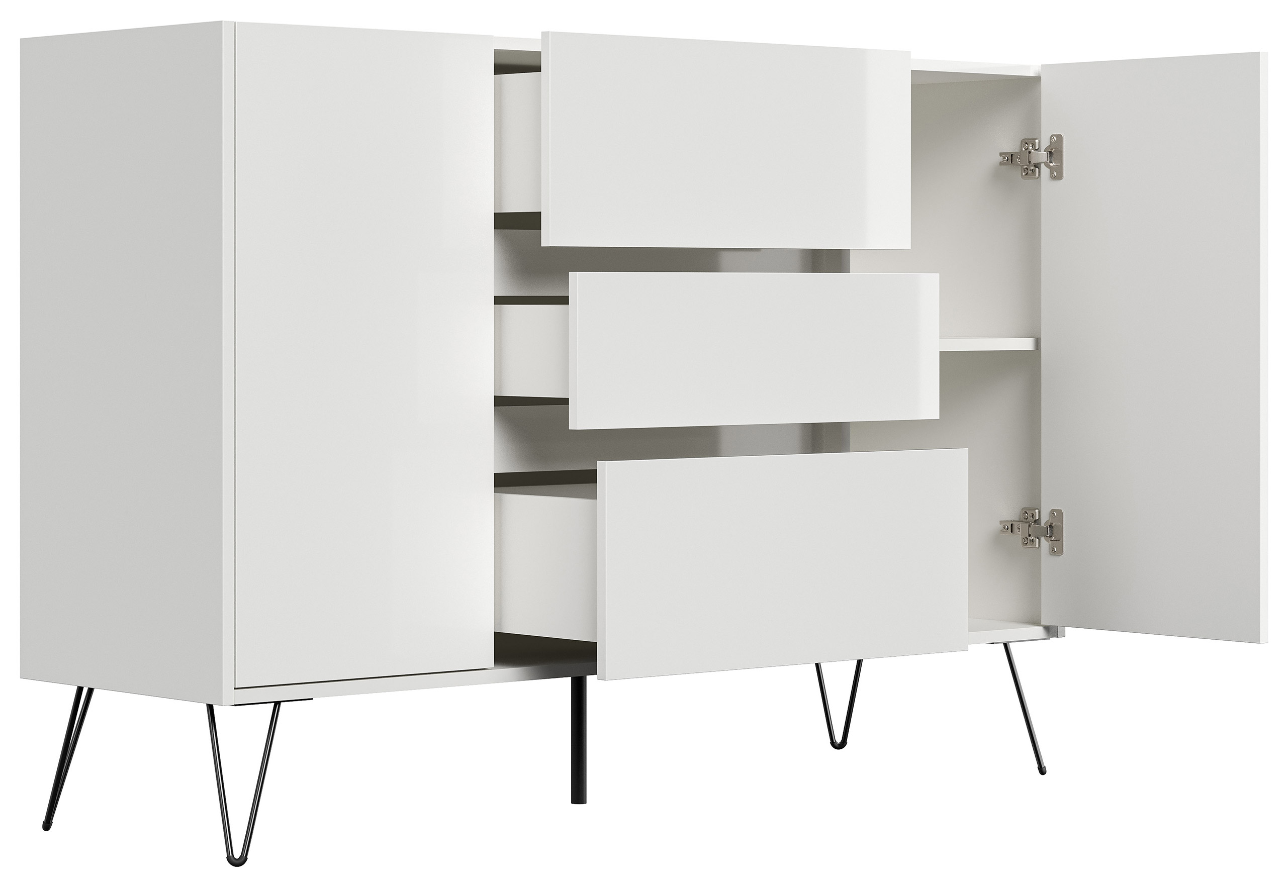 Design Sideboard Kommode Daro 140cm Greifraum 3 SoftClose 2 Türen Weiß hochglanz