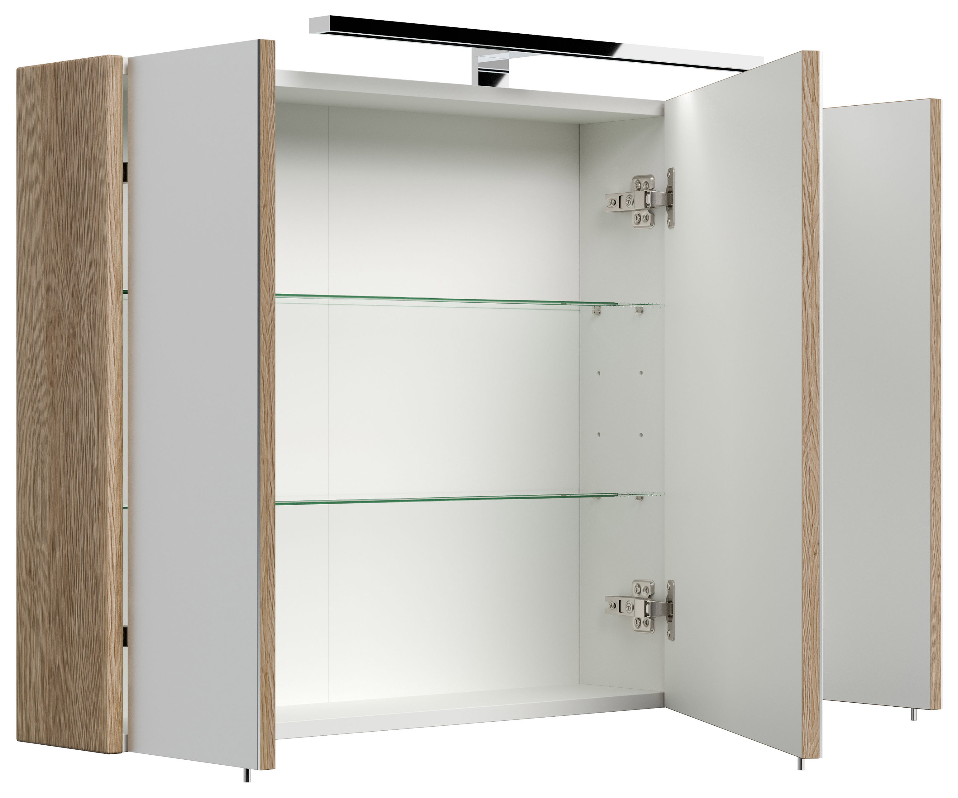 Spiegelschrank 90cm inkl. Design LED-Lampe und Glasböden eiche hell