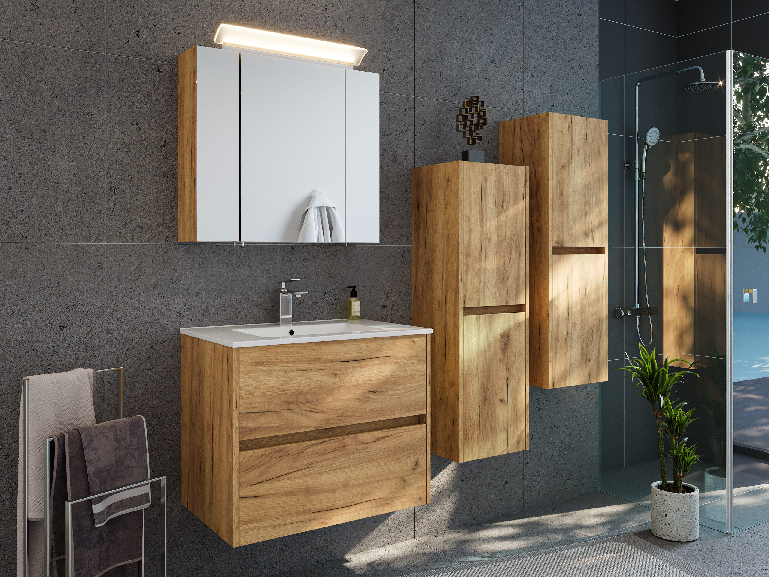 Badmöbelset Taifun 70cm 4tlg mit Spiegelschrank & 2x Seitenschrank eiche gold