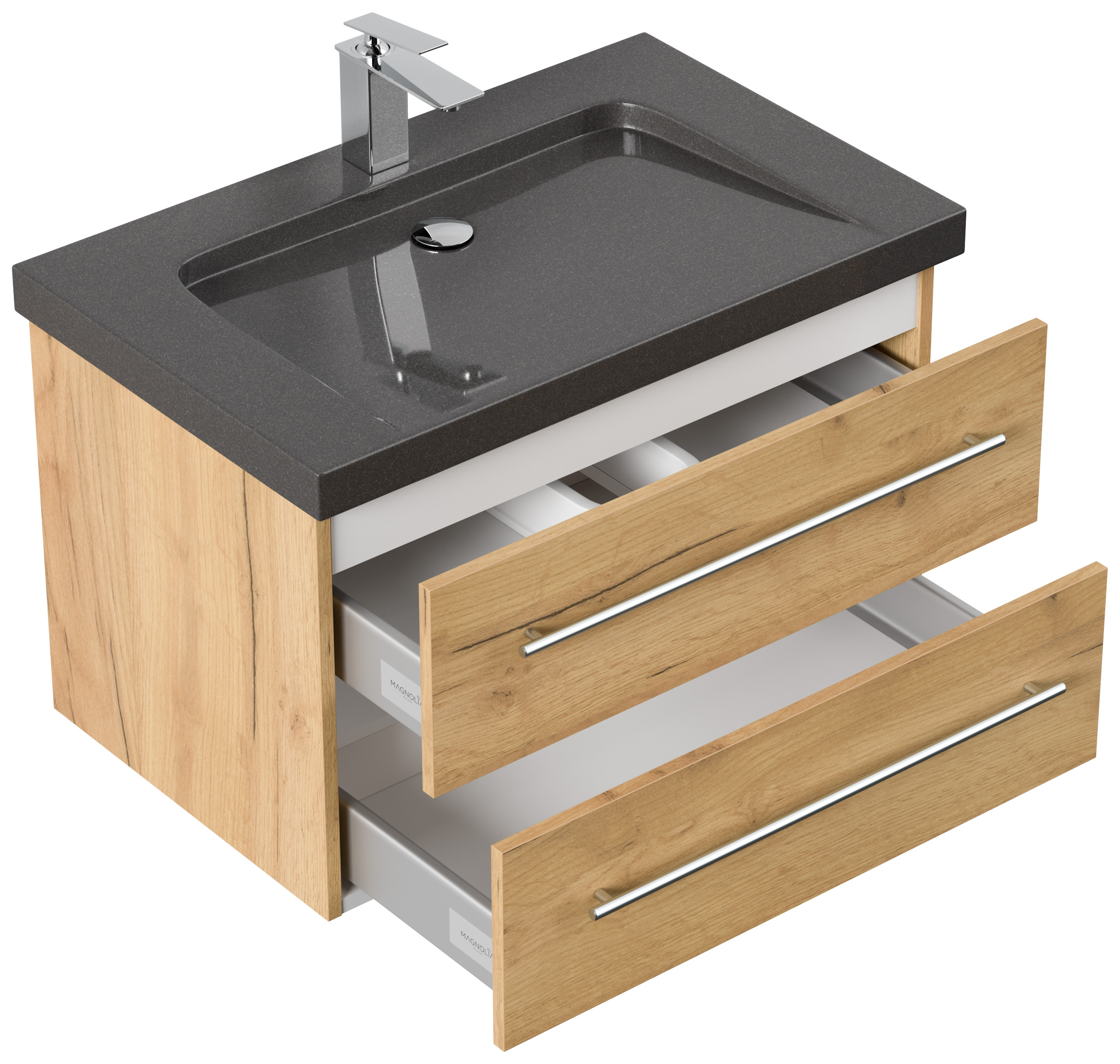 Badmöbel Granit India Black Damo 75 cm 1 Hahnloch SoftClose eiche gold