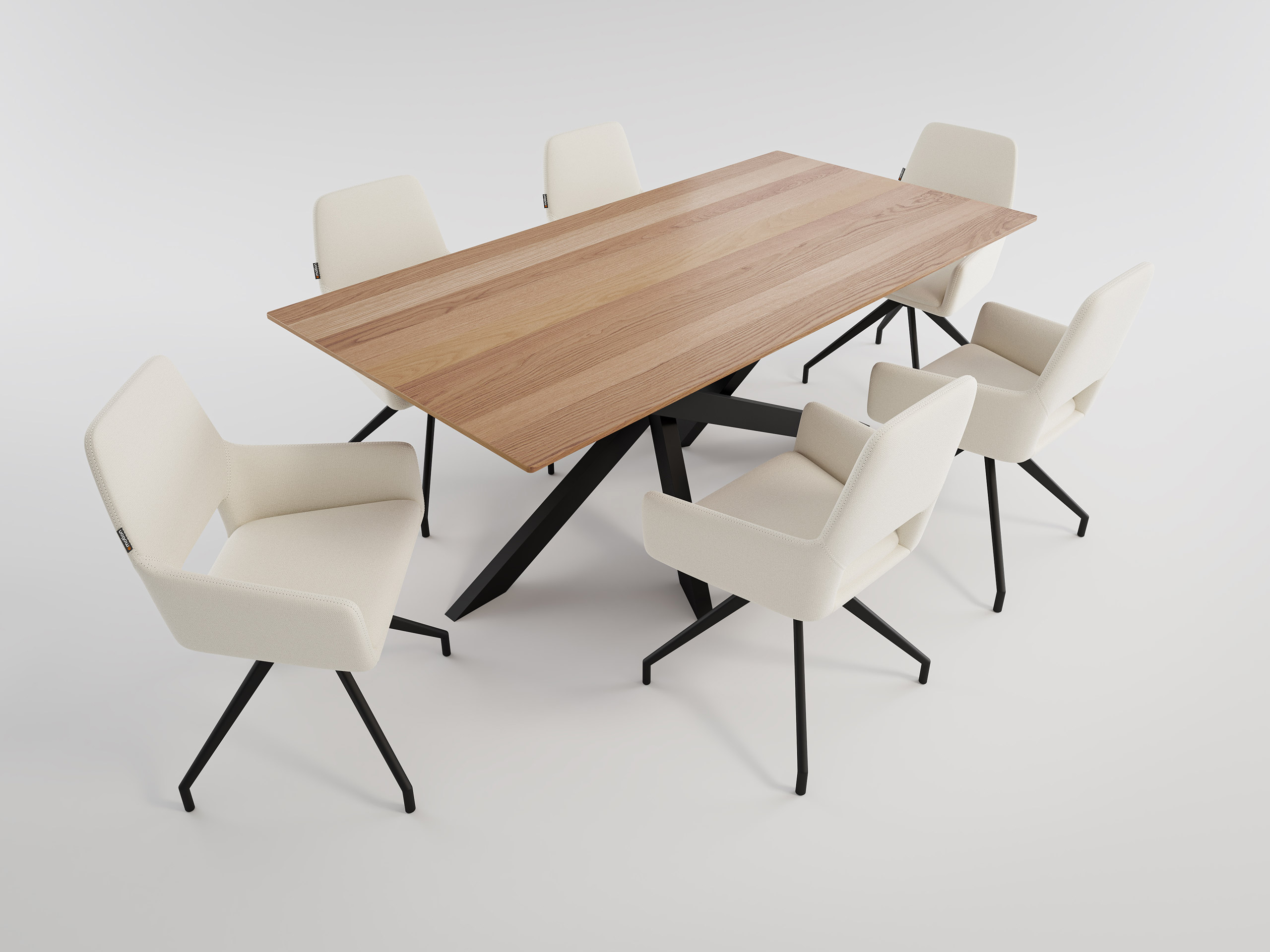 Esstisch mit 6 Stühlen Stoffbezug beige ELLEN 180 Eiche Furnier lackiert