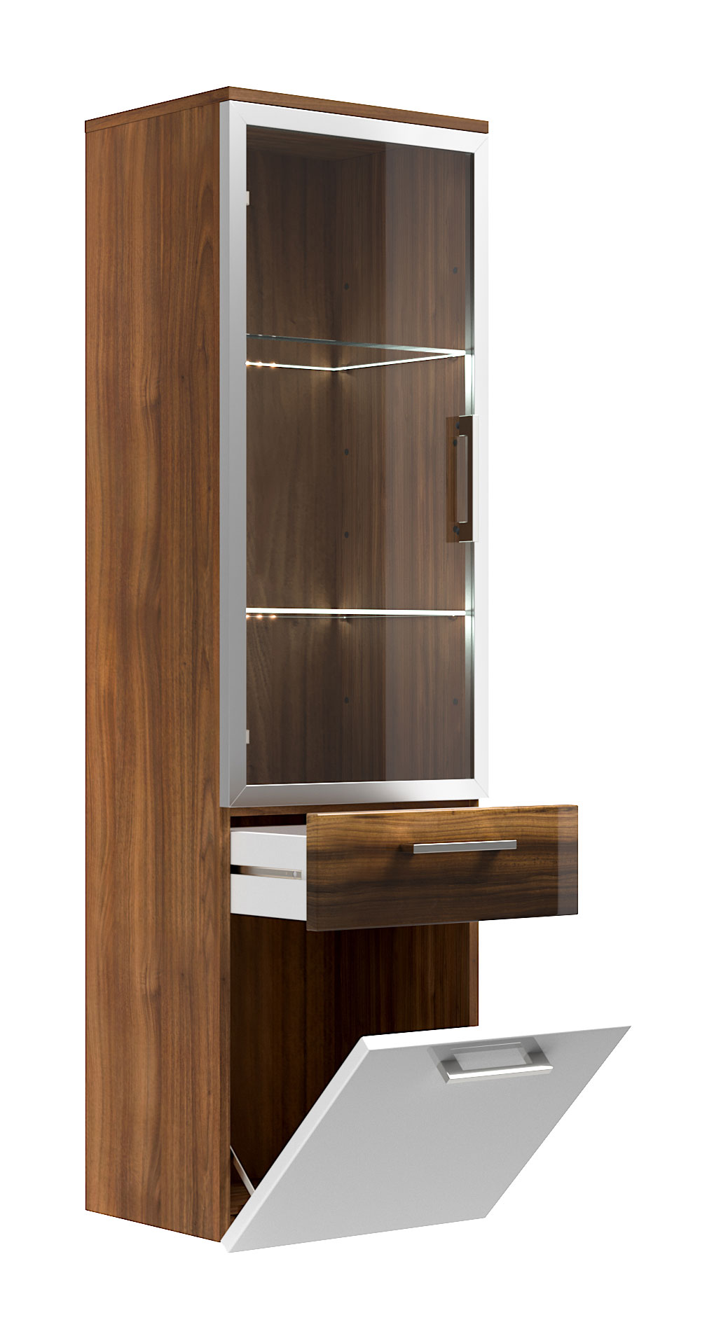 Hochschrank Rima 135 cm mit Glastür Weiss hochglanz/Walnuss hochglanz