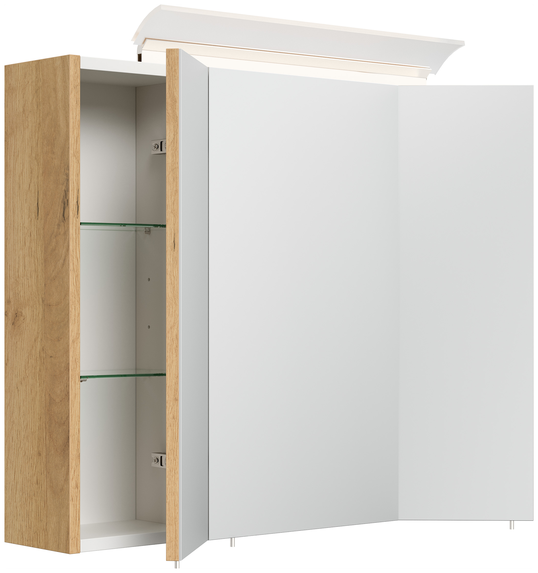 Spiegelschrank 75cm inkl. Design LED-Lampe und Glasböden eiche gold