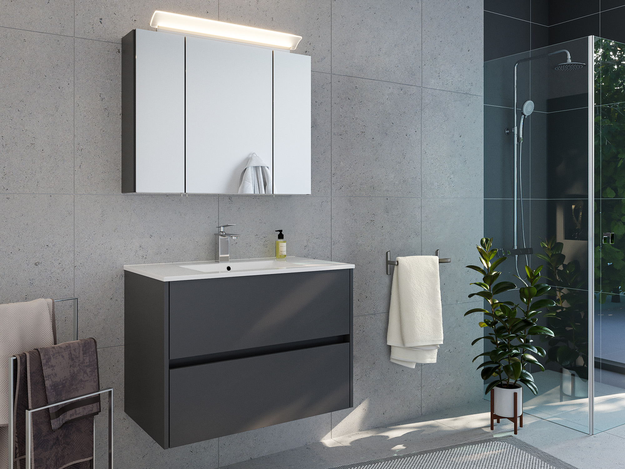 Badmöbelset Taifun 80cm 2tlg mit Spiegelschrank grafit