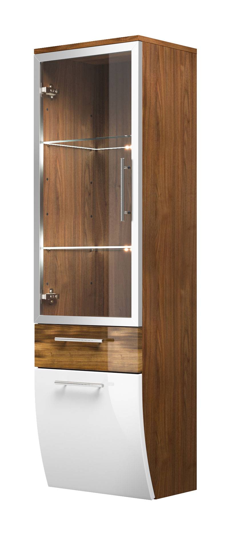 Hochschrank Salona 135 cm mit Glastür Weiss hochglanz/Walnuss hochglanz