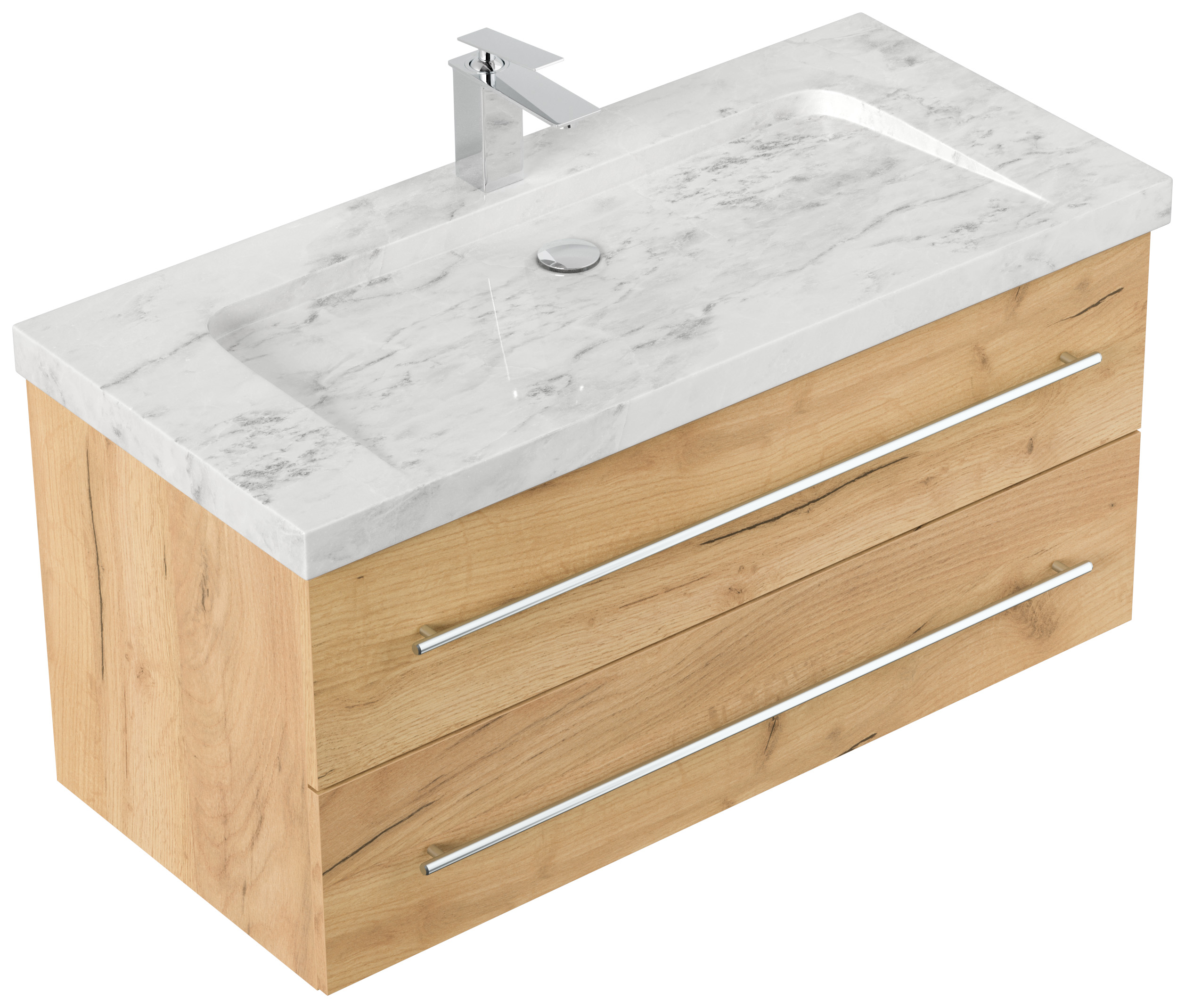 Badmöbel Marmor Carrara White Damo 100 cm 1 Hahnloch SoftClose eiche gold