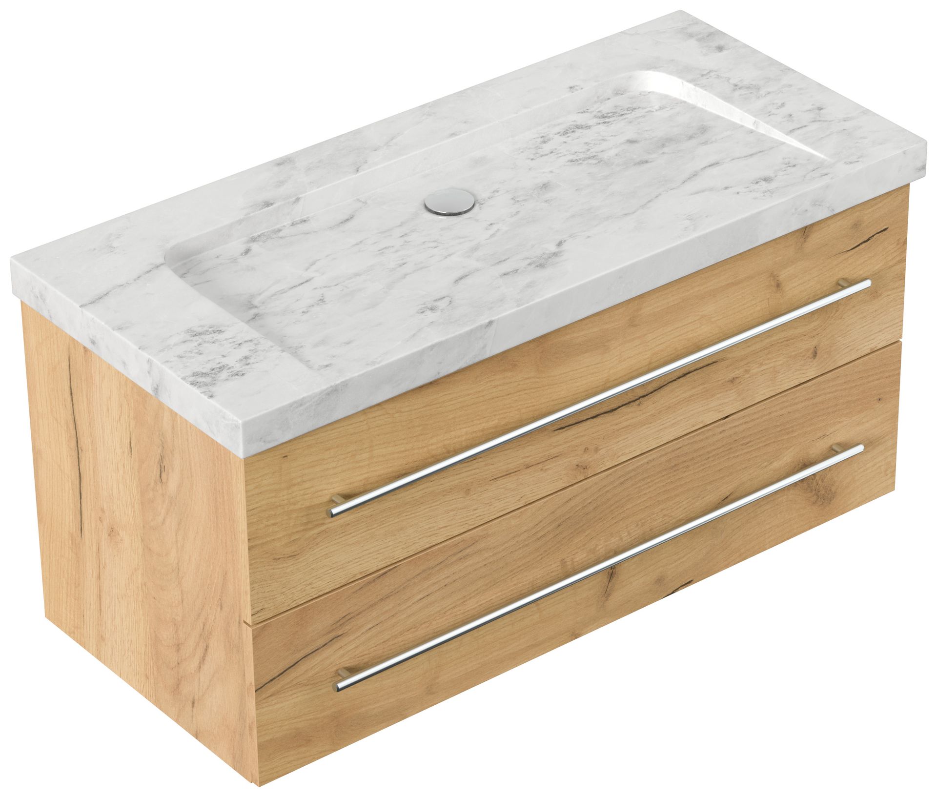 Badmöbel Marmor Carrara White Damo 100 cm ohne Hahnloch SoftClose eiche gold