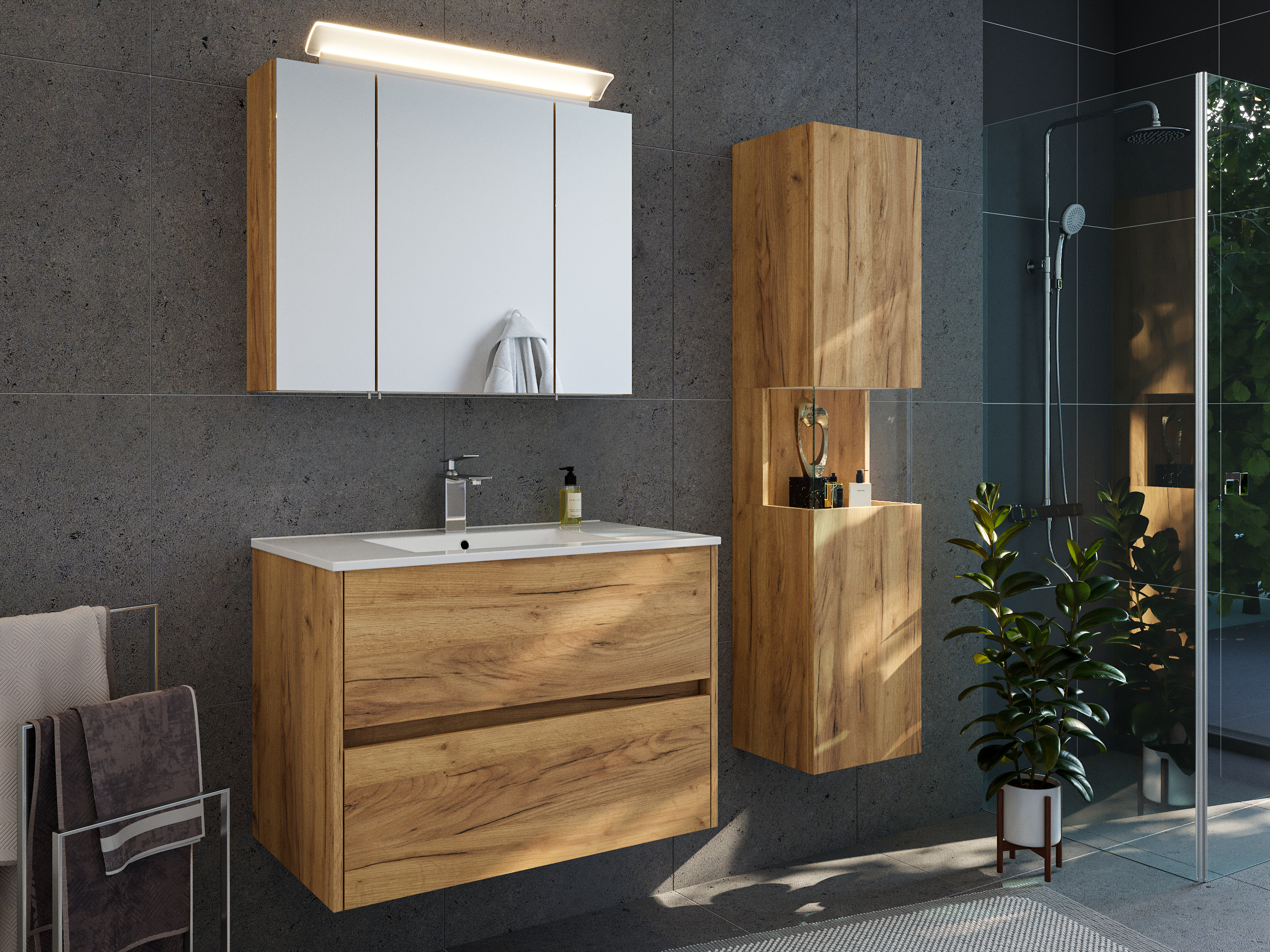 Badmöbelset Taifun 80cm 3tlg mit Spiegelschrank & Seitenschrank eiche gold