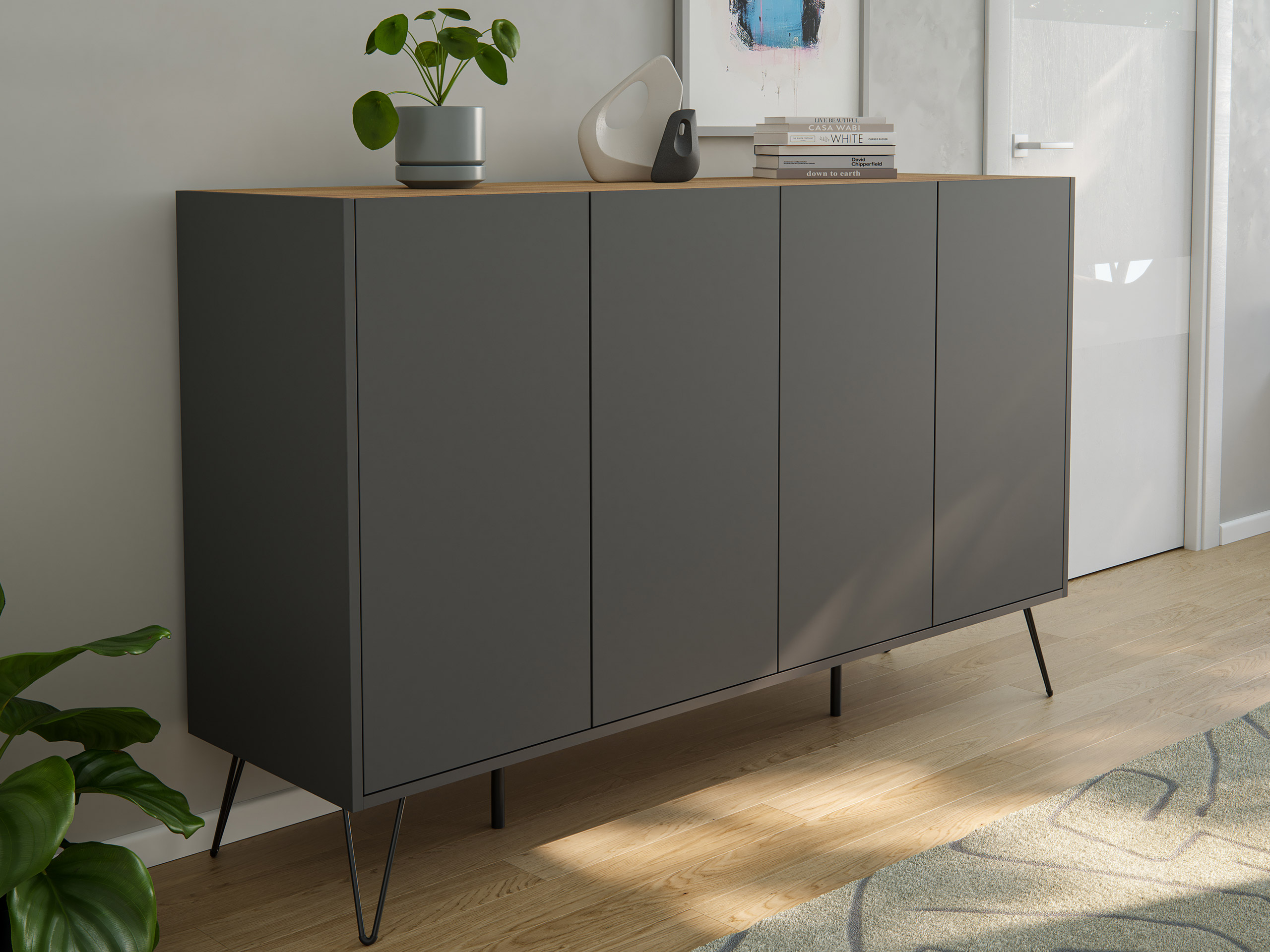 Design Sideboard Kommode Rana 155cm 4 Softclose Türen Grafit/Eiche Top