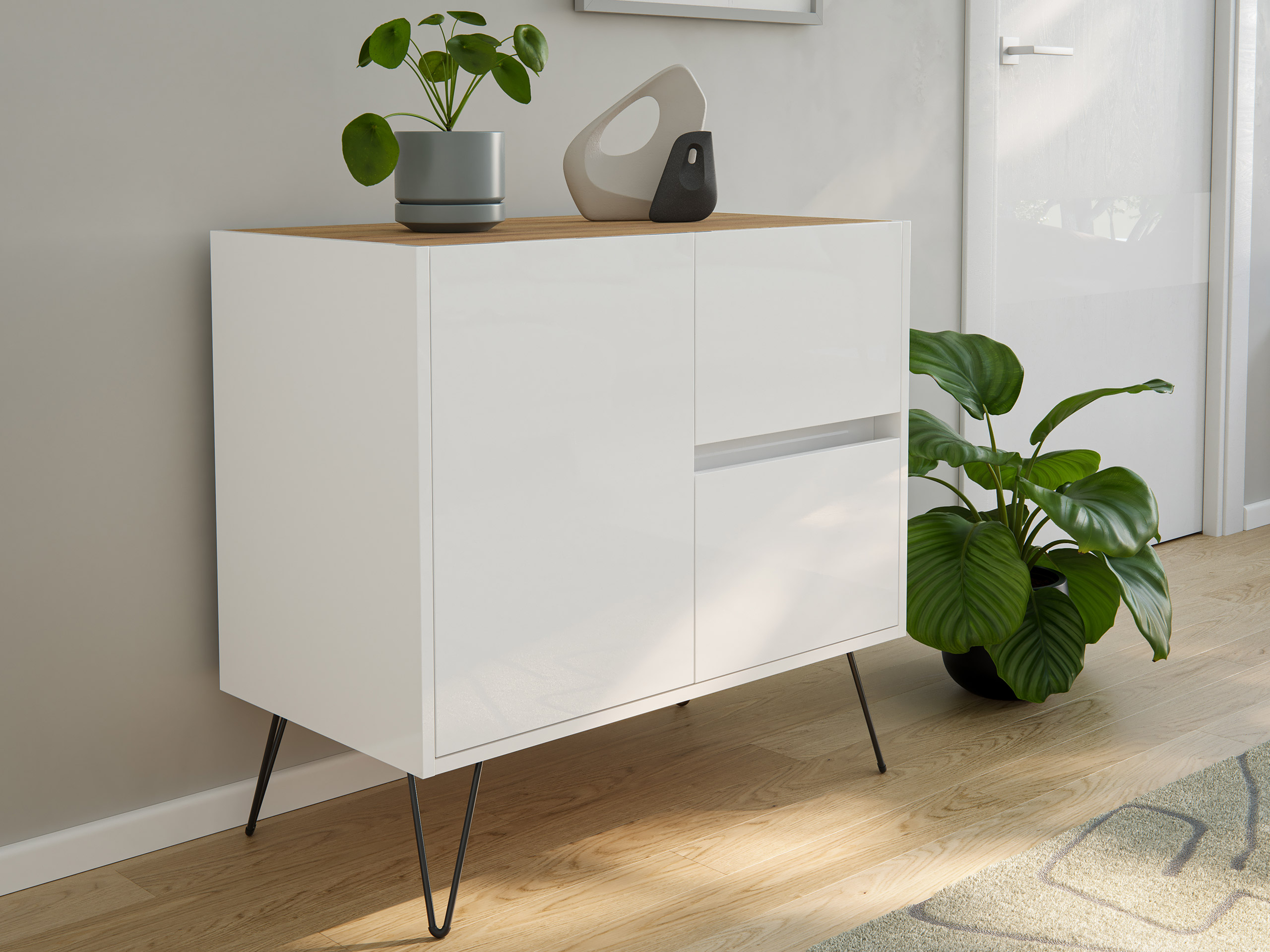 Raumwunder S Sideboard Kommode Greifraum 80cm 2 SoftClose 1 Tür Weiß/Eiche Top