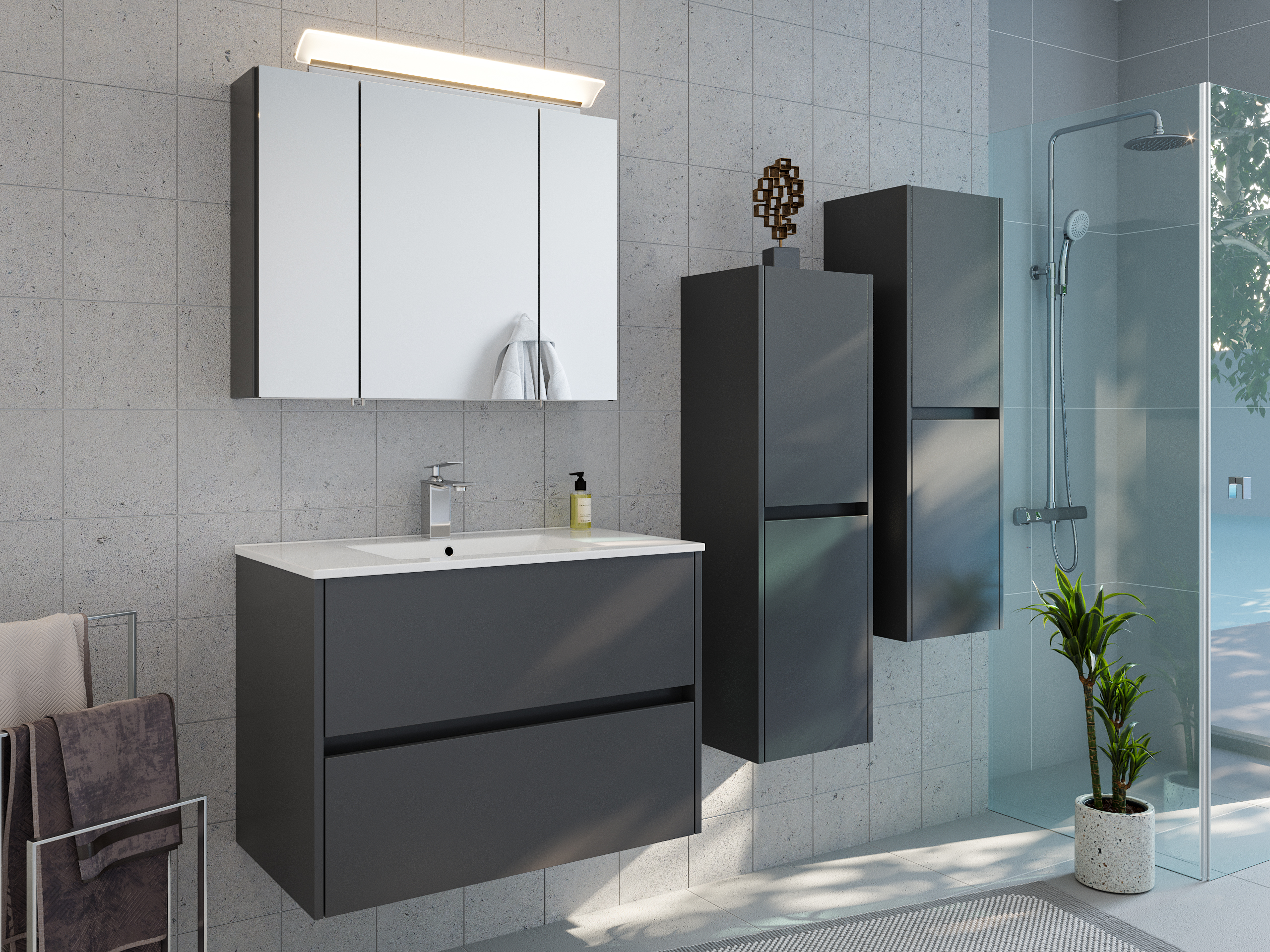 Badmöbelset Taifun 80cm 4tlg mit Spiegelschrank & 2x Seitenschrank grafit