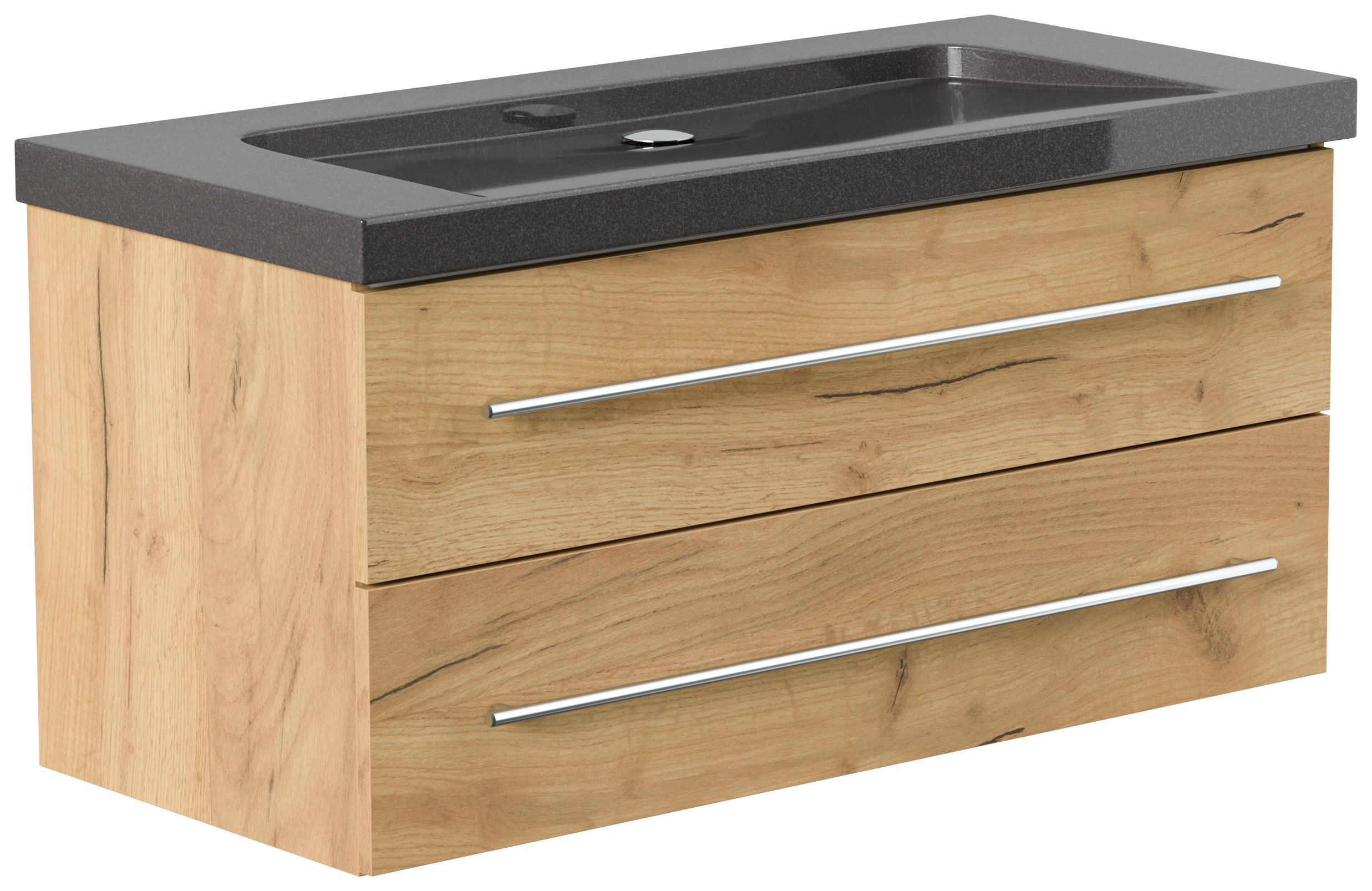 Badmöbel Granit India Black Damo 100 cm ohne Hahnloch SoftClose eiche gold