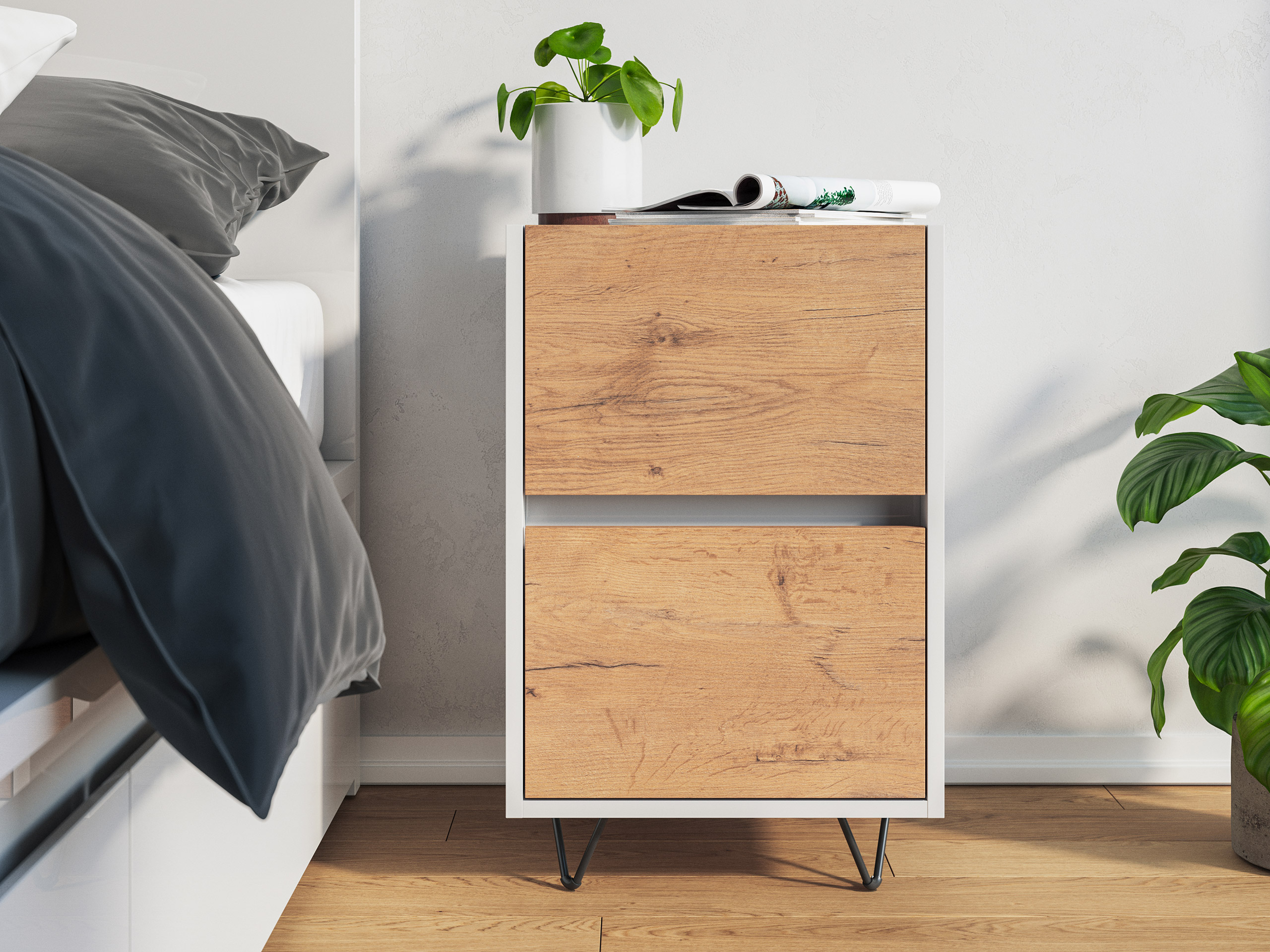 Nachttisch Kommode You 40cm 2 SoftClose stehend Weiß & Eiche Front