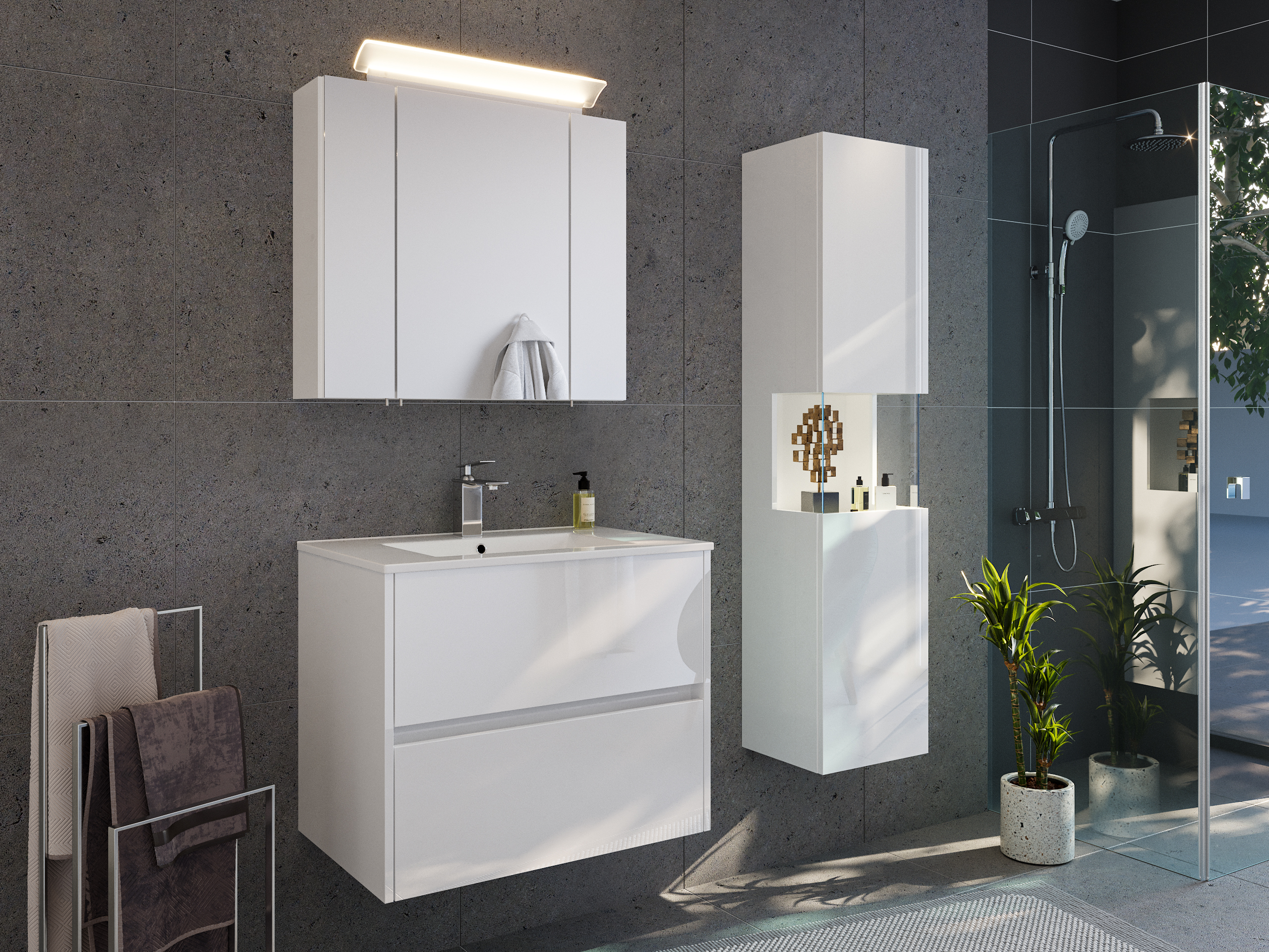 Badmöbelset Taifun 70cm 3tlg mit Spiegelschrank & Seitenschrank weiß Hgl