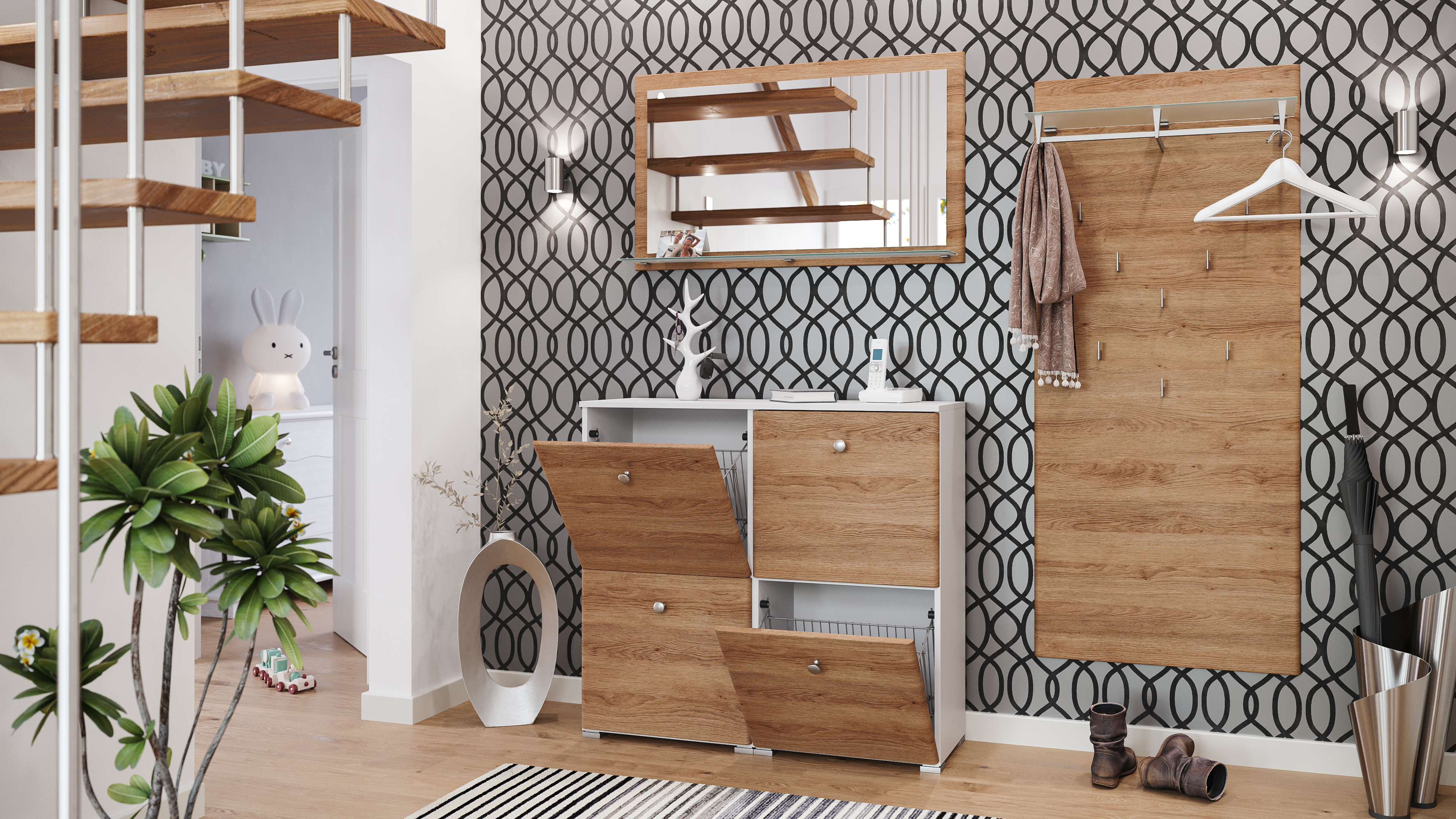 Garderobe Set 005 Cleveland 4 tlg Schuhschrank 4 Klappen 16 Paar Weiss-Eiche