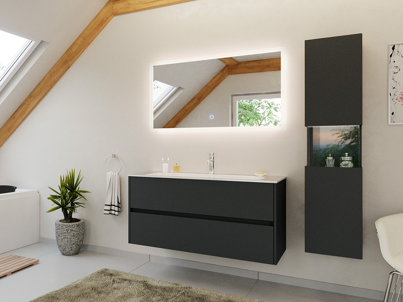 Badmöbel Set Taifun 3tlg. 120 cm mit LED Spiegel & Hochschrank Grafit