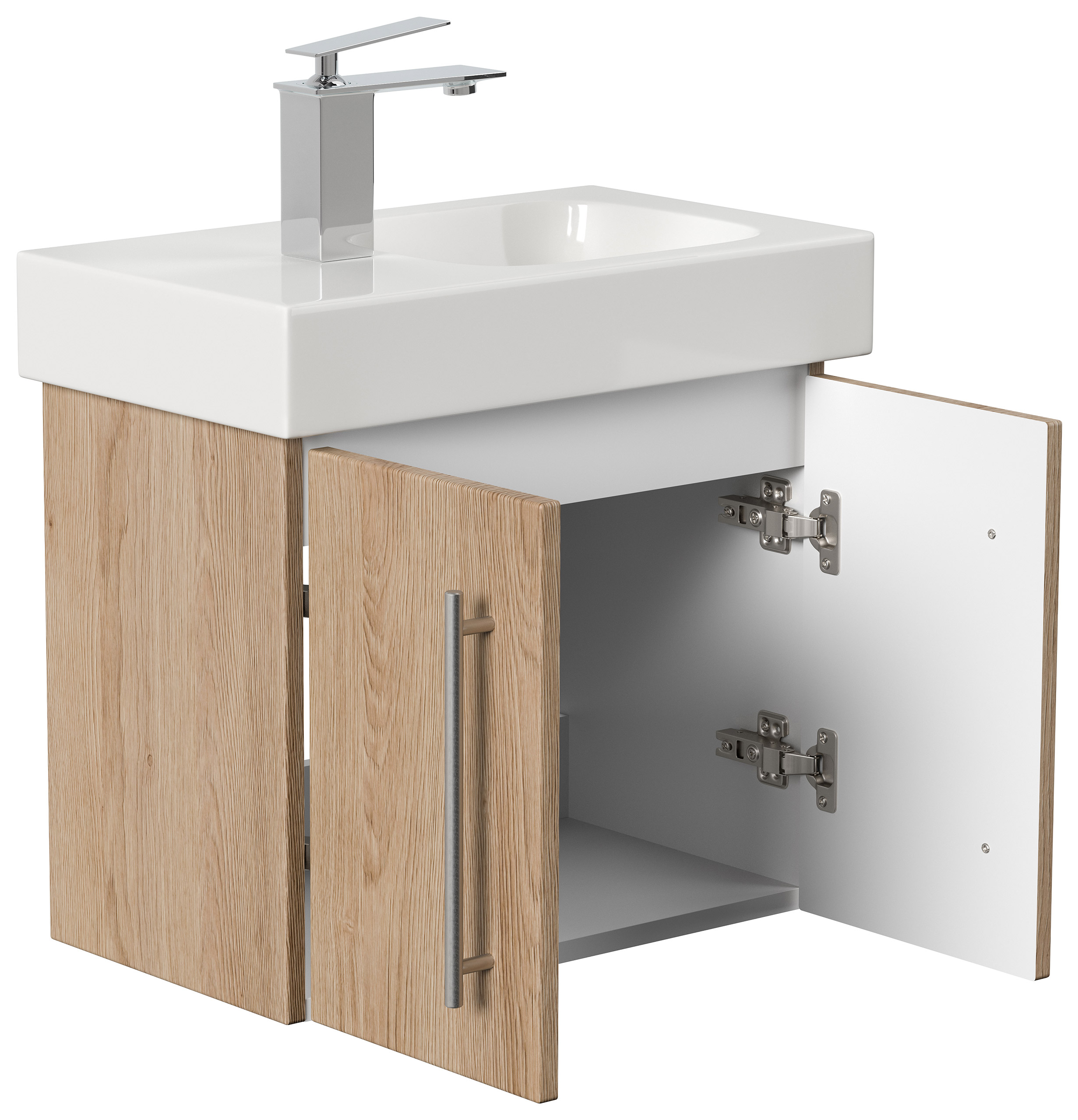 Badmöbel mit Geberit Icon Waschbecken XS 53 cm links eiche hell