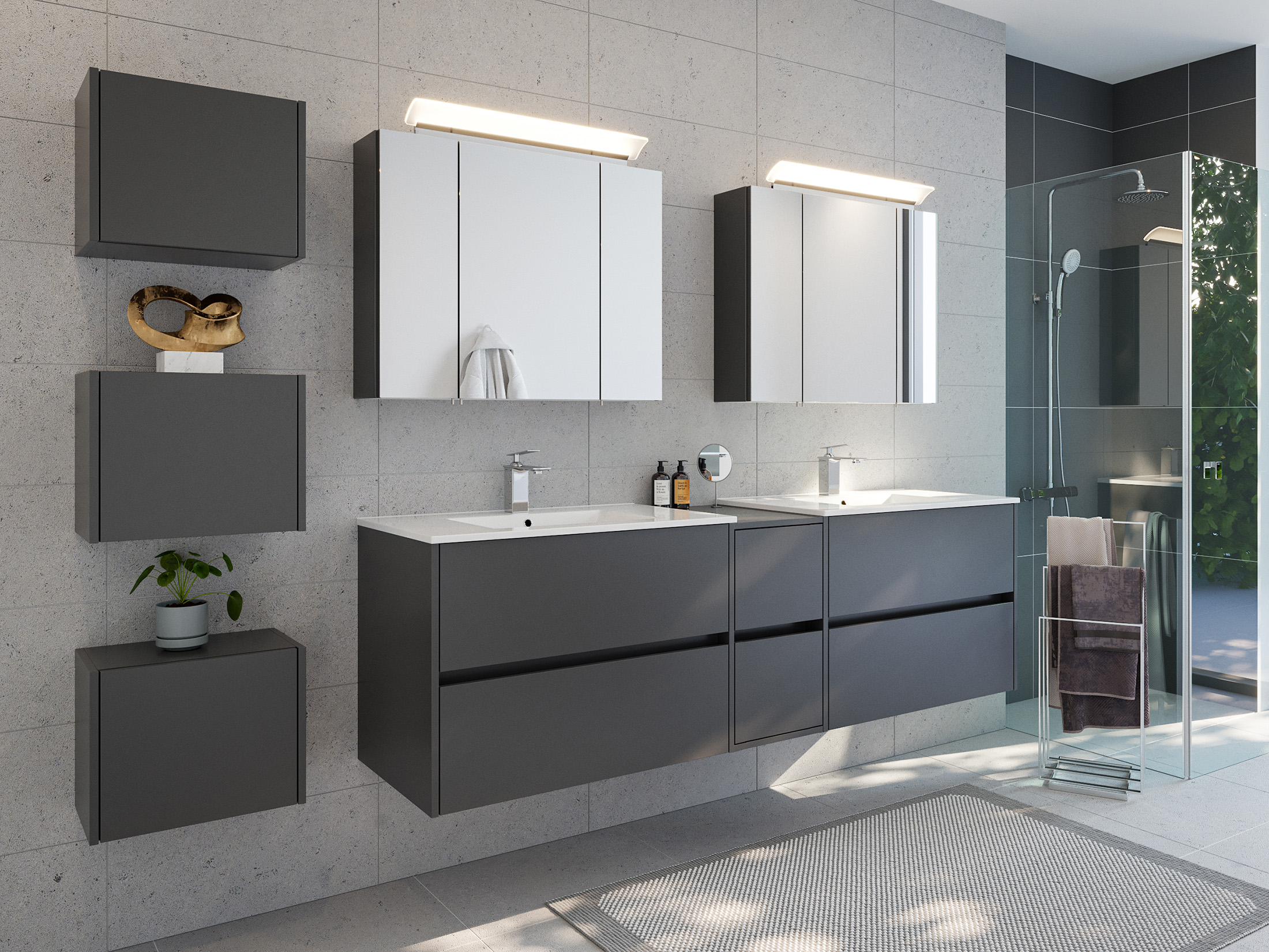 Badmöbelset Taifun 190cm 4tlg mit 2x Spiegelschrank & 3er Boxen Set grafit