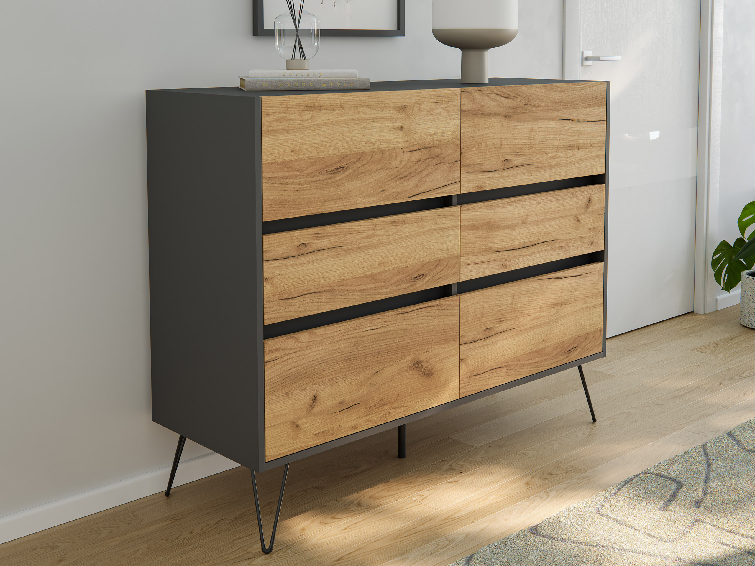 Sideboard Volo 120cm Greifraum 6 SoftClose Schubladen Grafit/Eiche Front