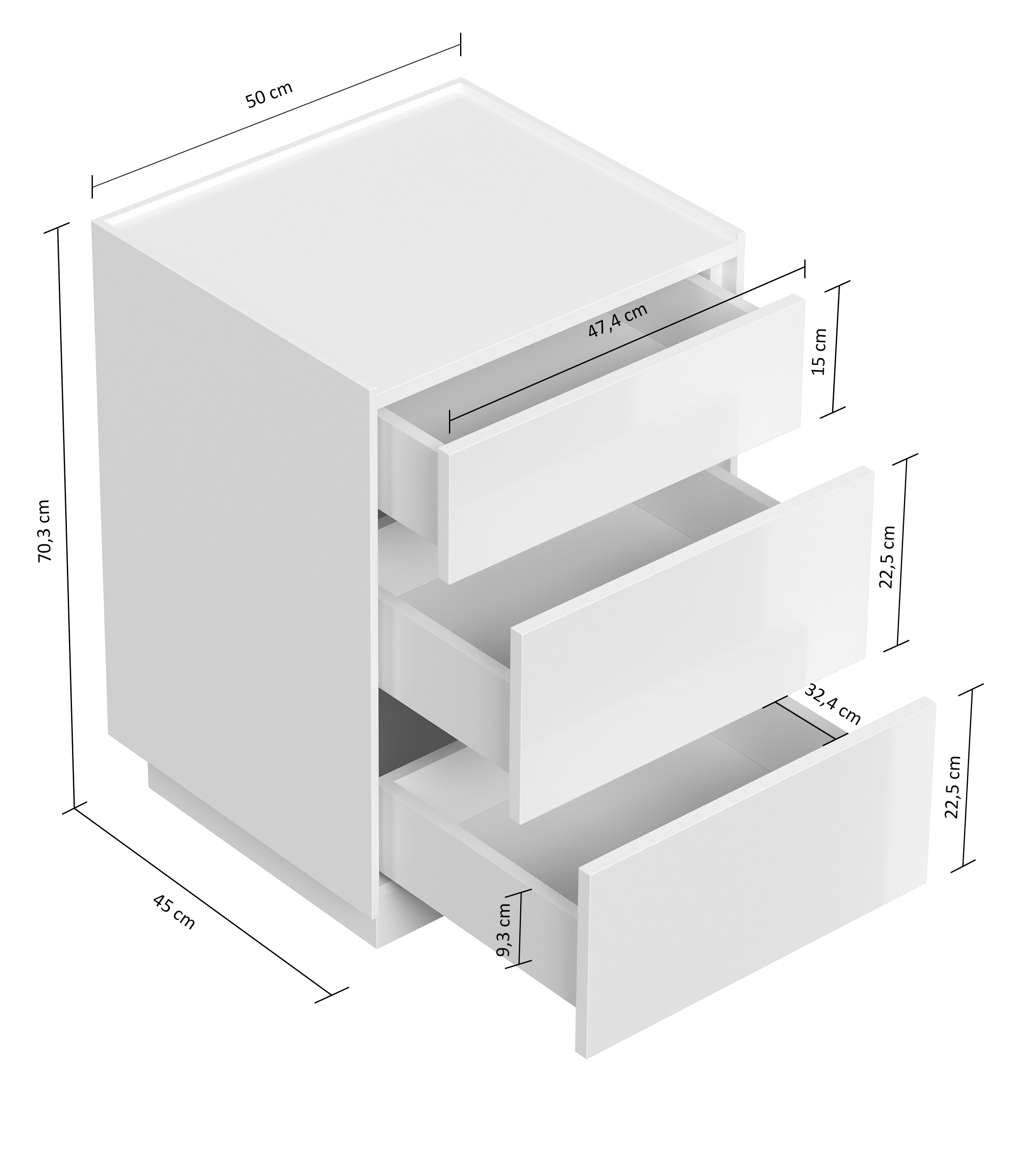 Nachttisch Lux M 50cm, 3 Pushauszüge lackiert Creme Grafit für Boxspringbett